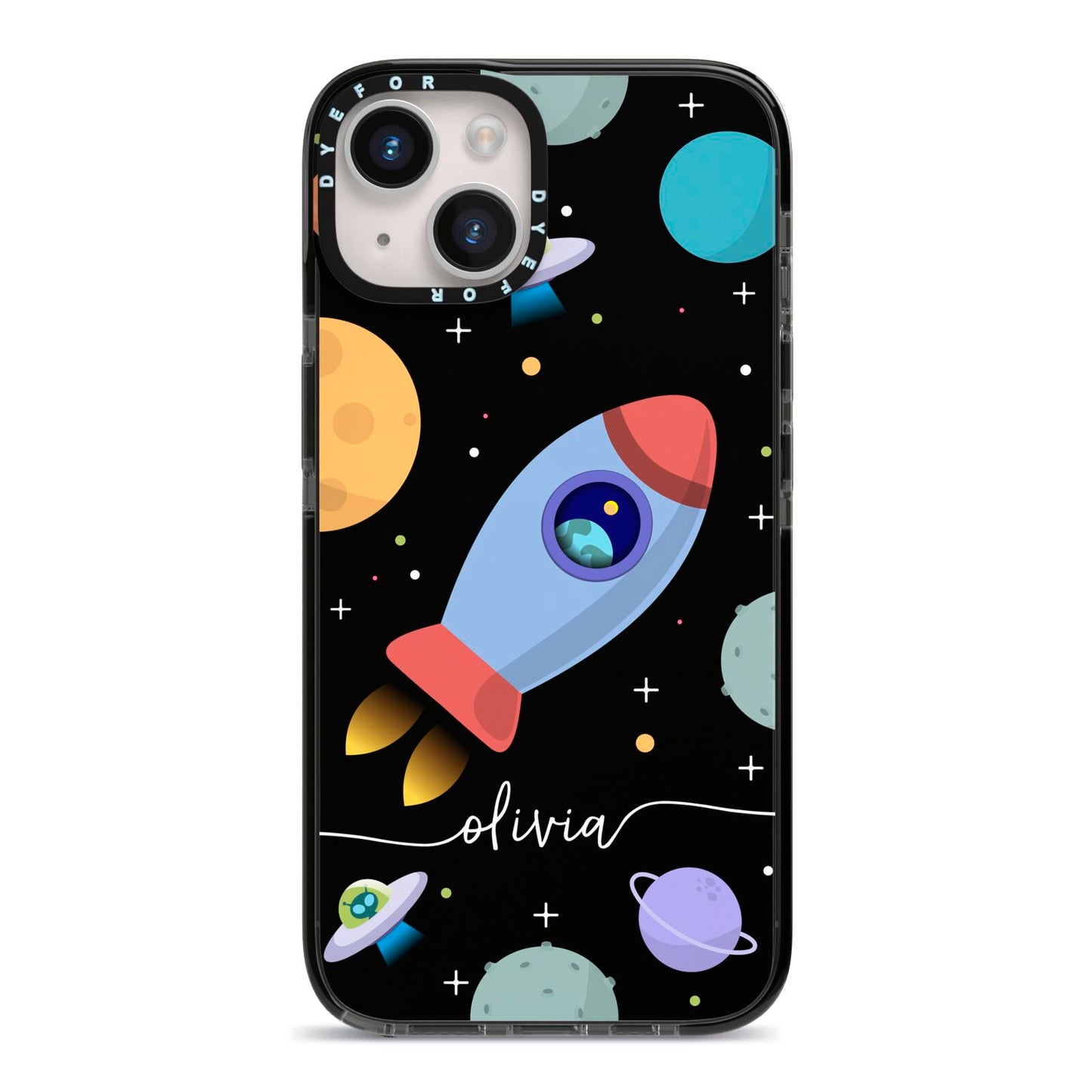 Fun Space Scene Artwork with Name iPhone 14 Black Impact Case on Silver phone