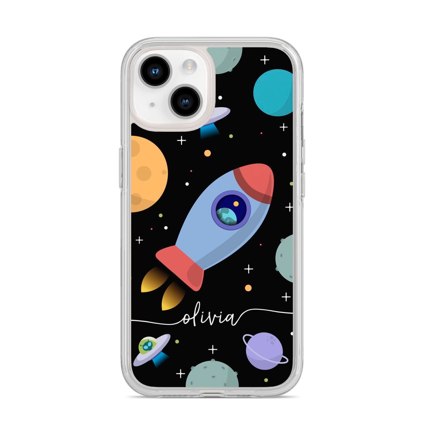 Fun Space Scene Artwork with Name iPhone 14 Clear Tough Case Starlight