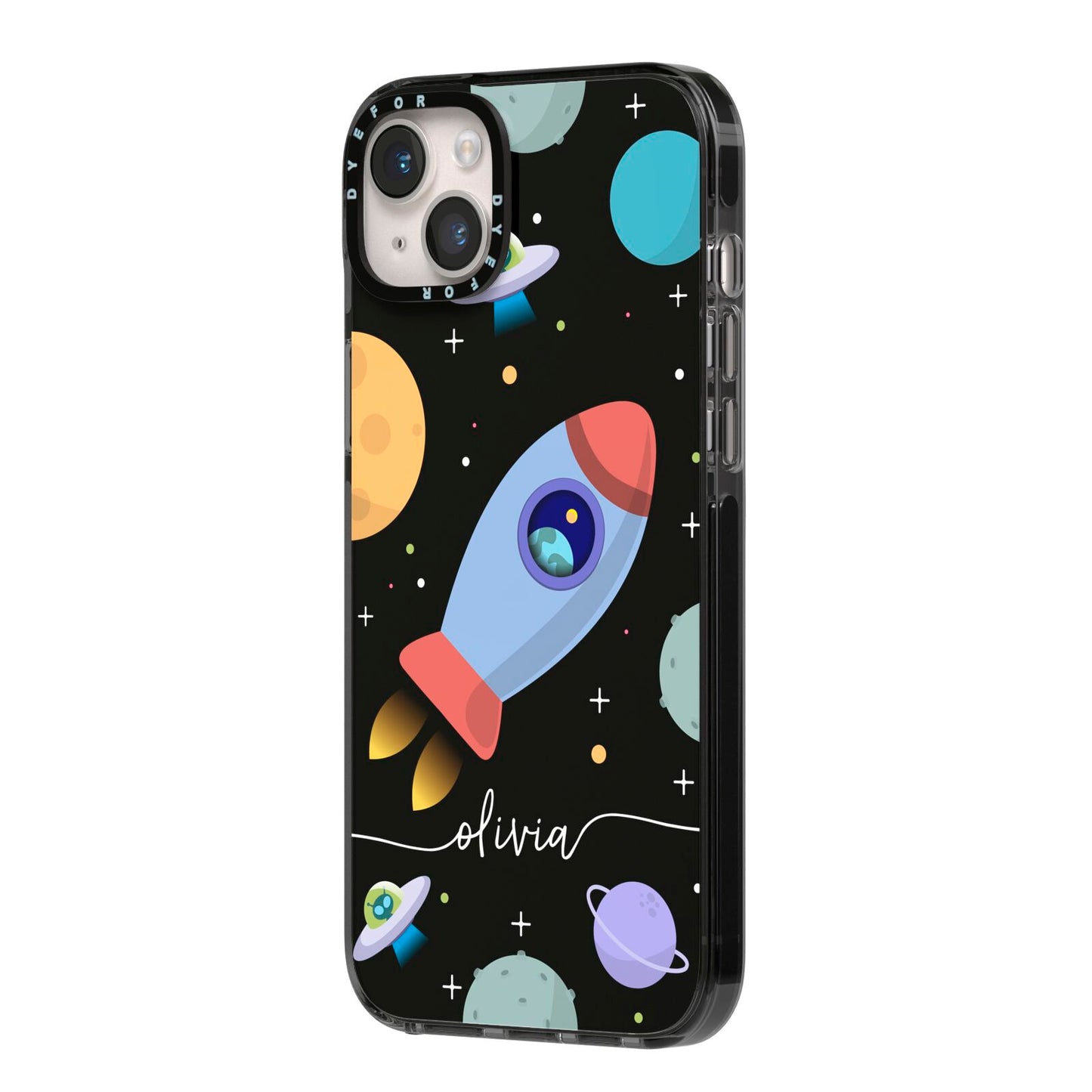 Fun Space Scene Artwork with Name iPhone 14 Plus Black Impact Case Side Angle on Silver phone