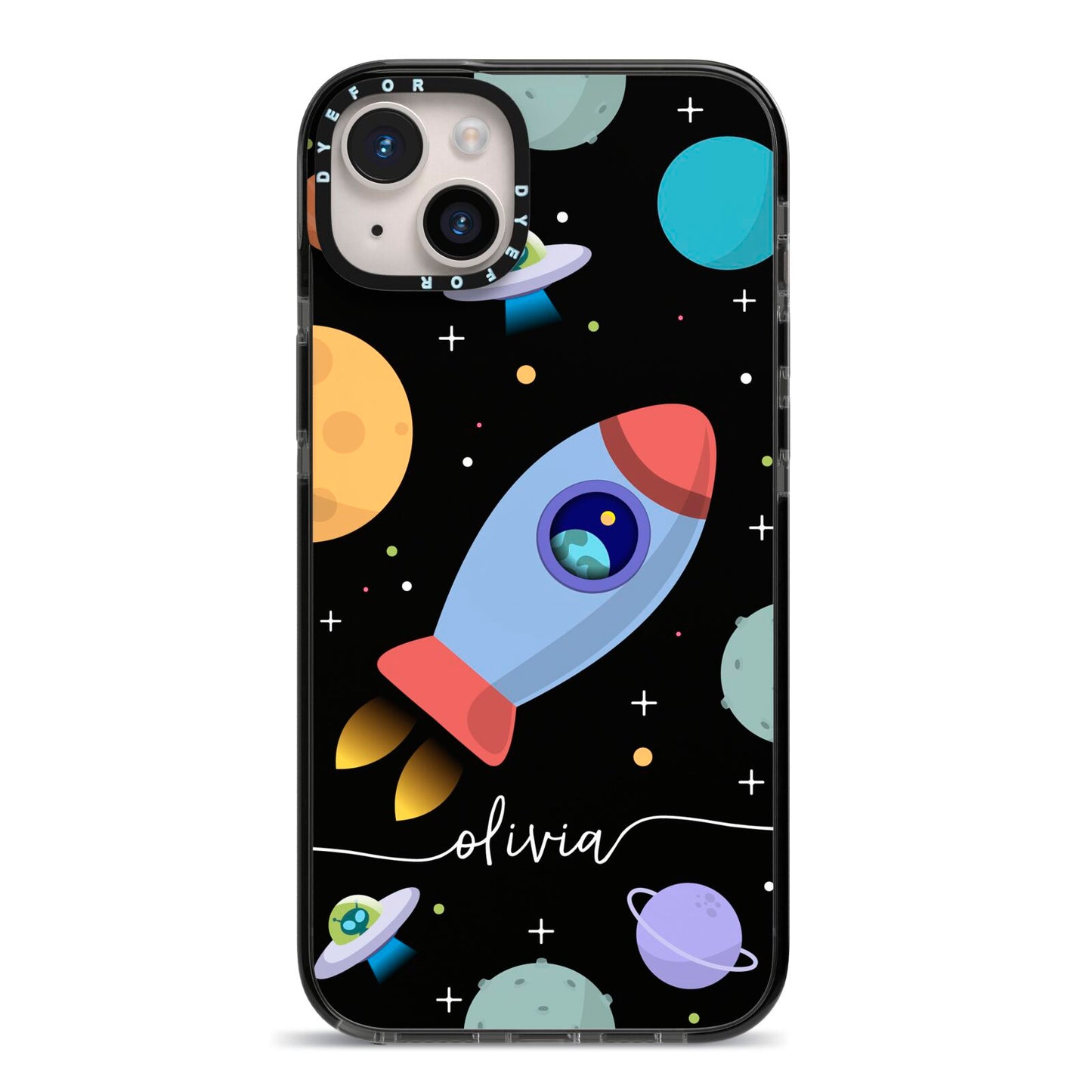 Fun Space Scene Artwork with Name iPhone 14 Plus Black Impact Case on Silver phone