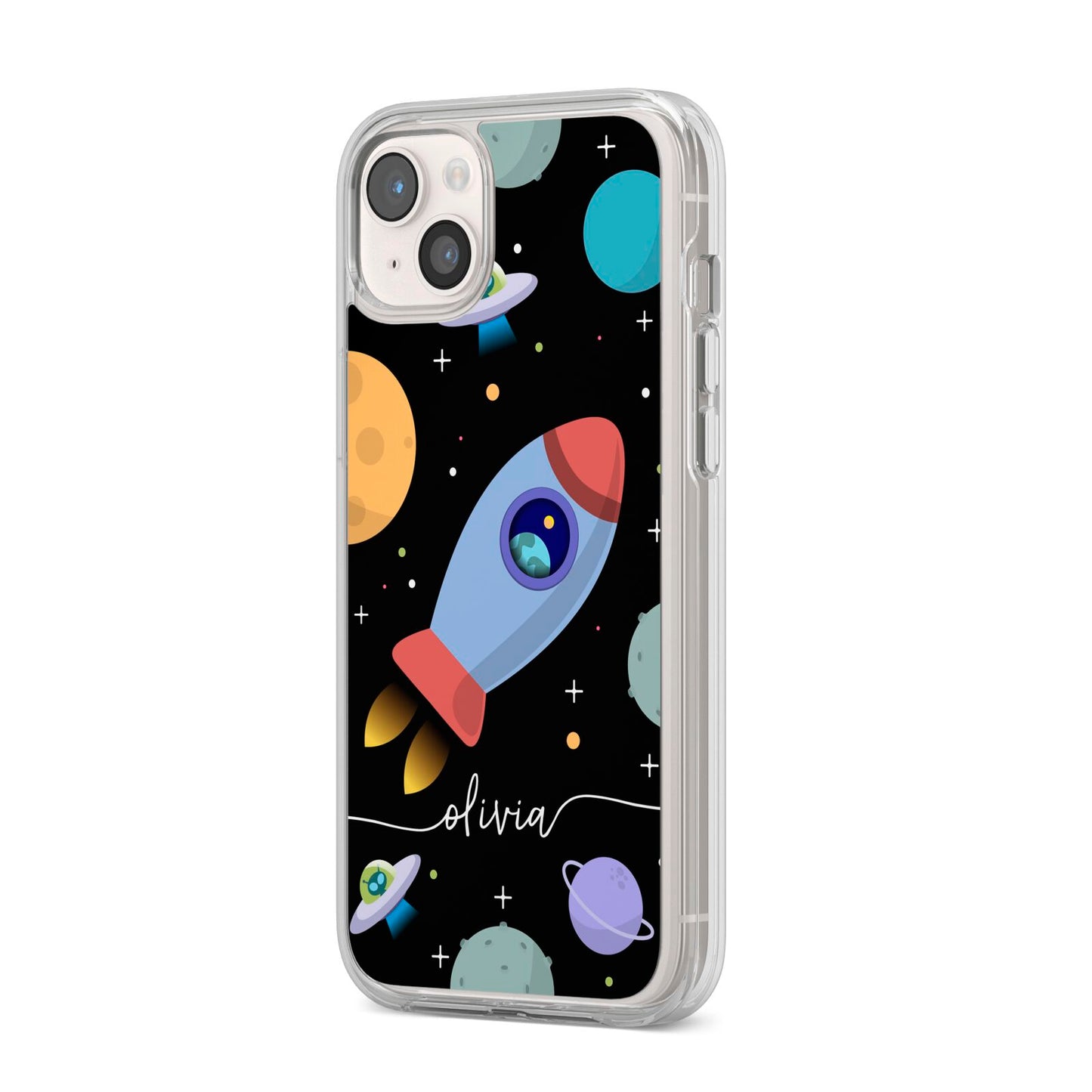 Fun Space Scene Artwork with Name iPhone 14 Plus Clear Tough Case Starlight Angled Image