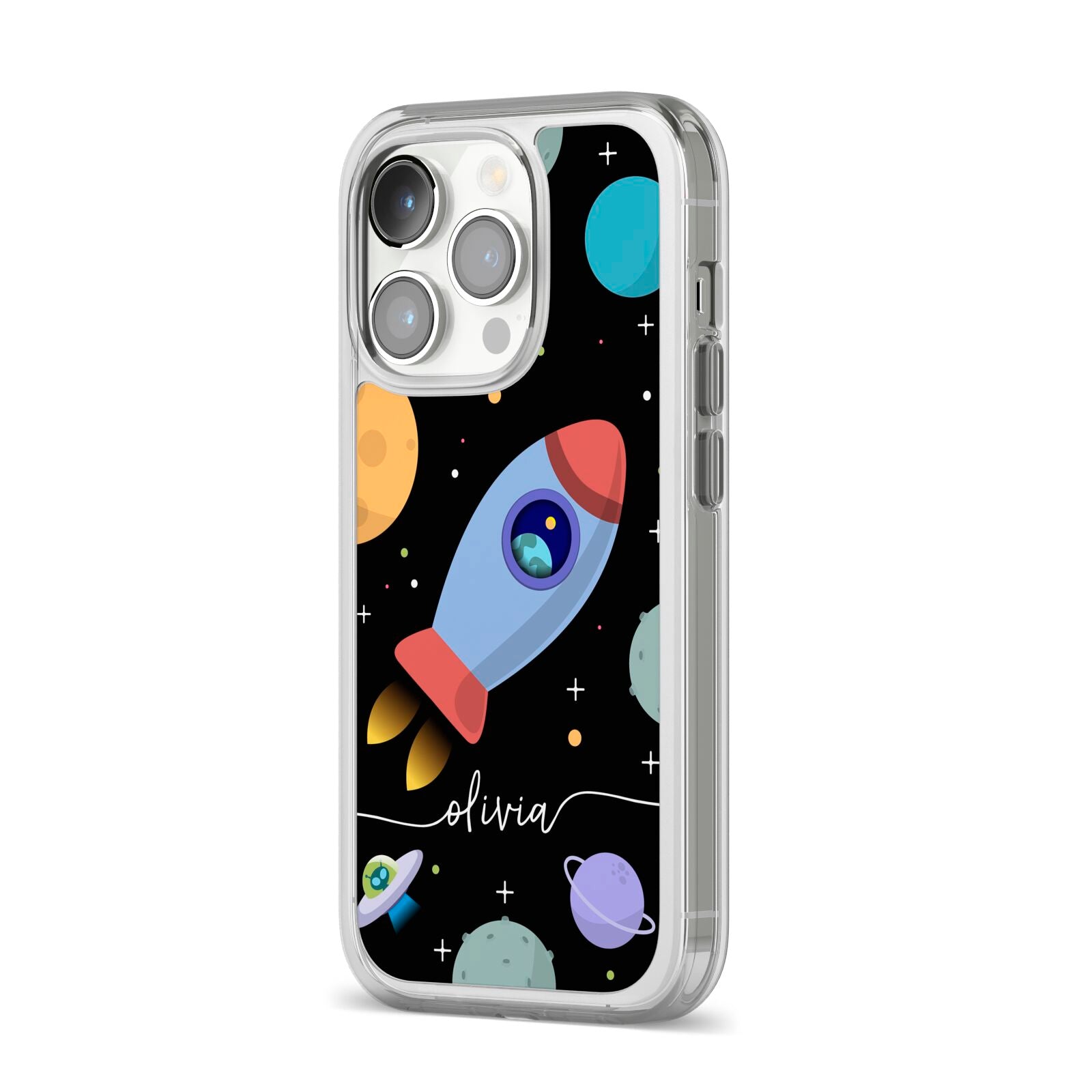 Fun Space Scene Artwork with Name iPhone 14 Pro Clear Tough Case Silver Angled Image