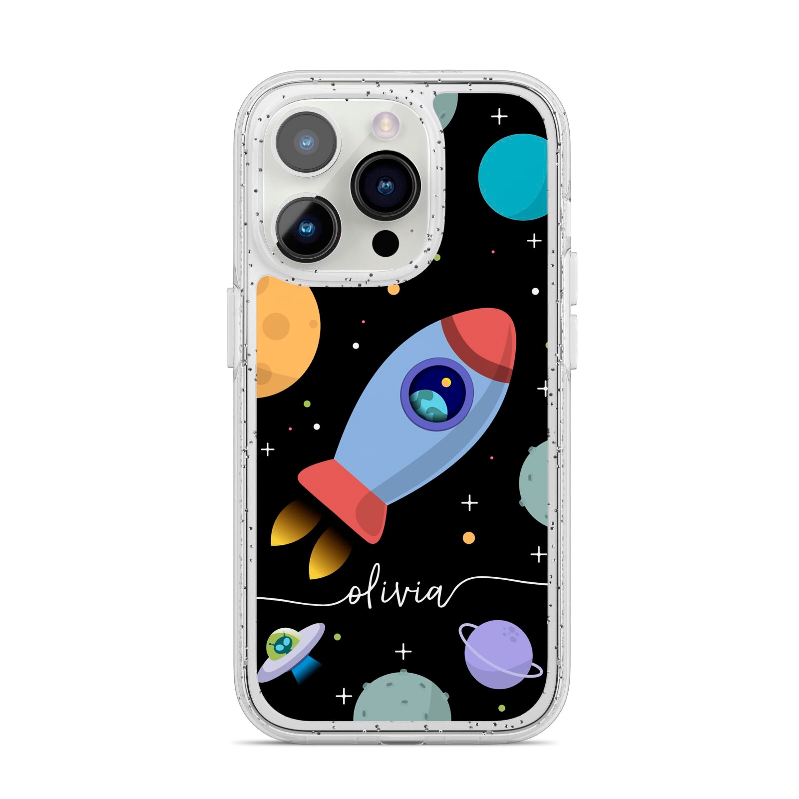 Fun Space Scene Artwork with Name iPhone 14 Pro Glitter Tough Case Silver