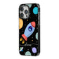 Fun Space Scene Artwork with Name iPhone 14 Pro Max Black Impact Case Side Angle on Silver phone