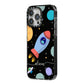 Fun Space Scene Artwork with Name iPhone 14 Pro Max Black Impact Case Side Angle on Silver phone