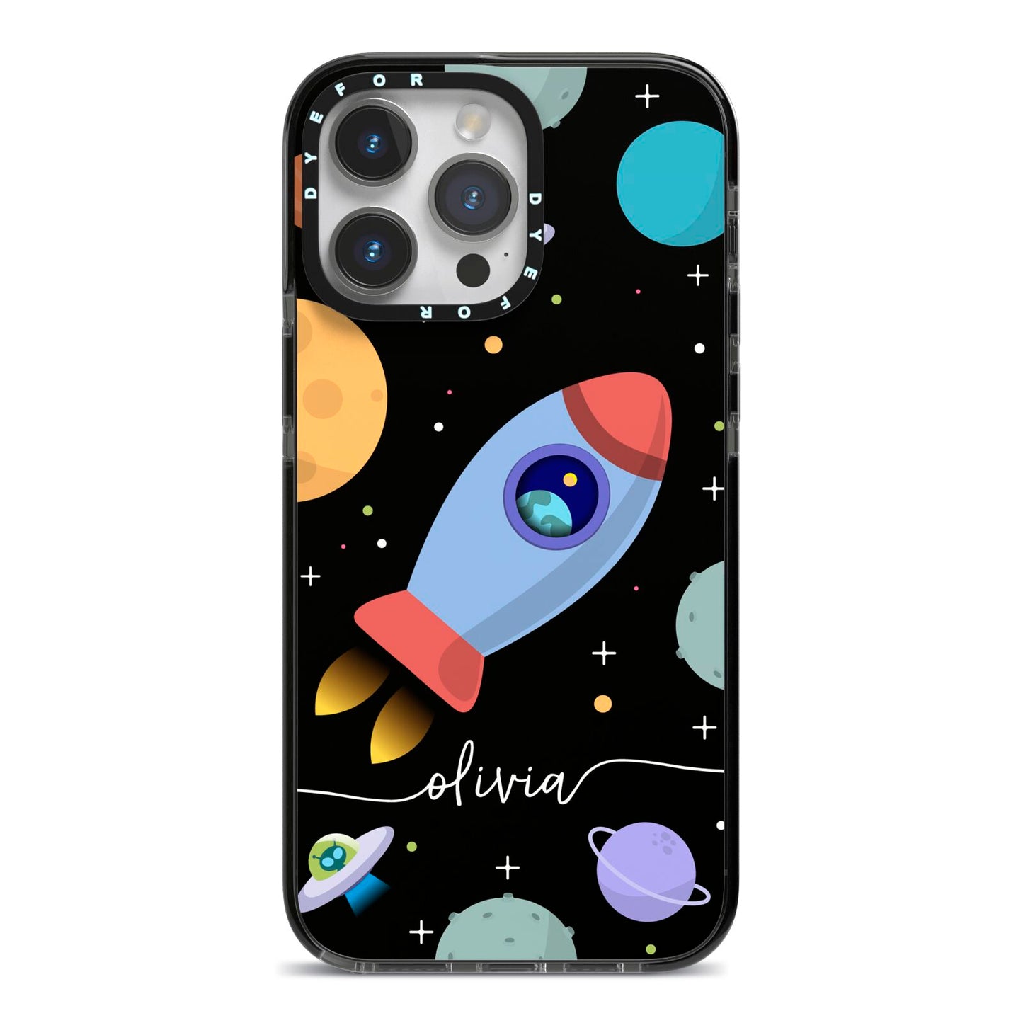 Fun Space Scene Artwork with Name iPhone 14 Pro Max Black Impact Case on Silver phone