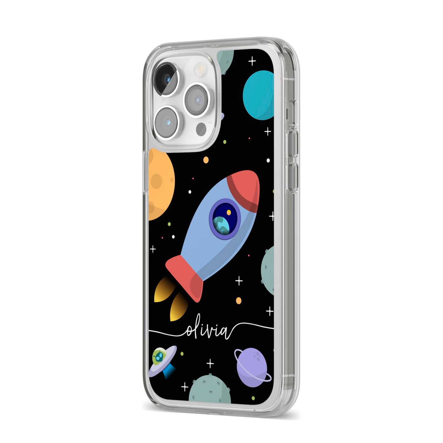 Fun Space Scene Artwork with Name iPhone 14 Pro Max Clear Tough Case Silver Angled Image
