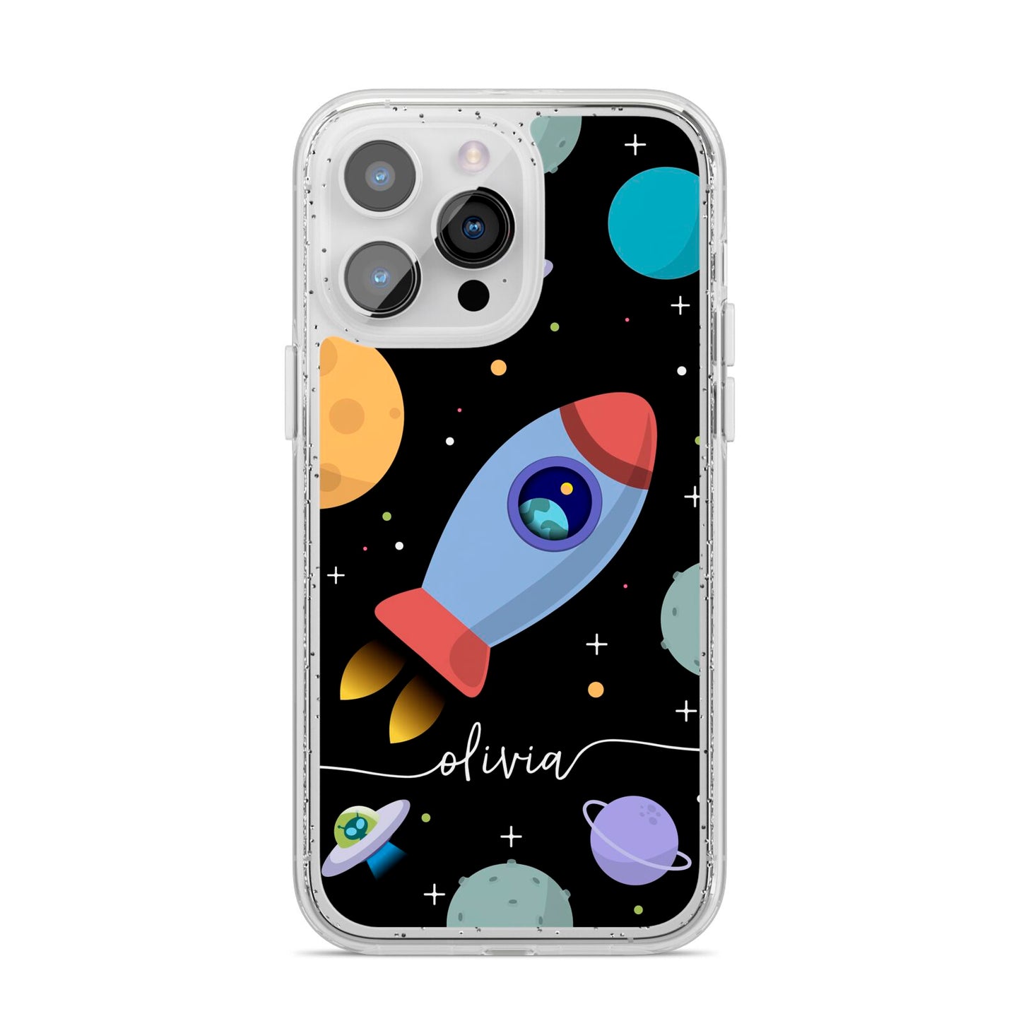 Fun Space Scene Artwork with Name iPhone 14 Pro Max Glitter Tough Case Silver