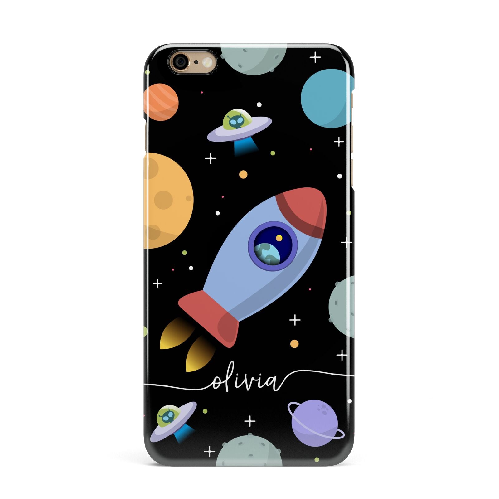 Fun Space Scene Artwork with Name iPhone 6 Plus 3D Snap Case on Gold Phone