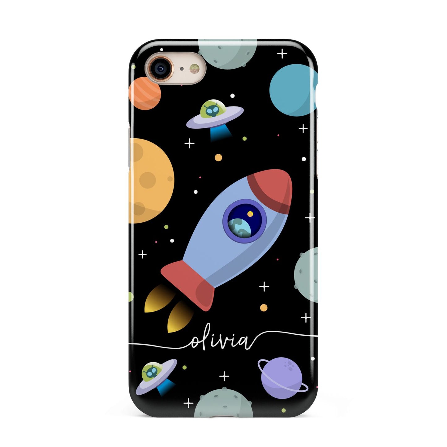 Fun Space Scene Artwork with Name iPhone 8 3D Tough Case on Gold Phone