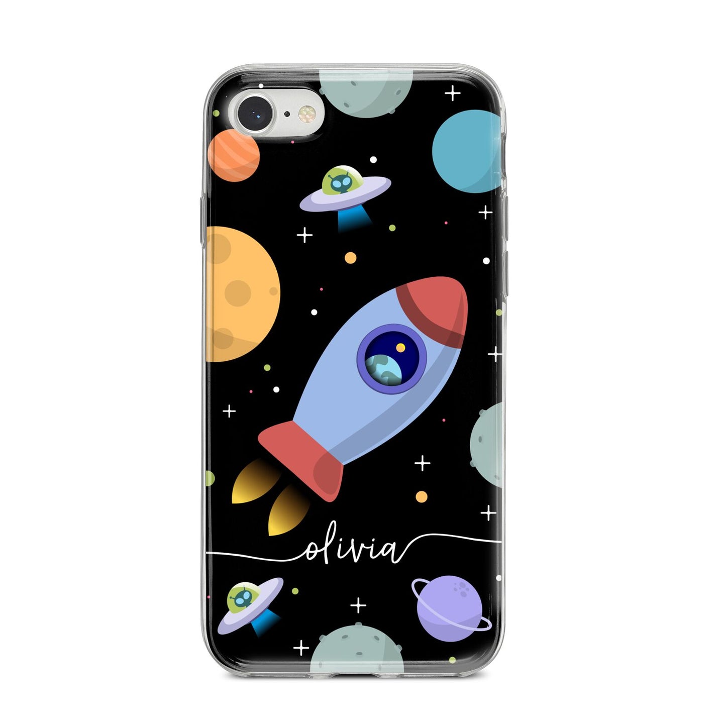 Fun Space Scene Artwork with Name iPhone 8 Bumper Case on Silver iPhone