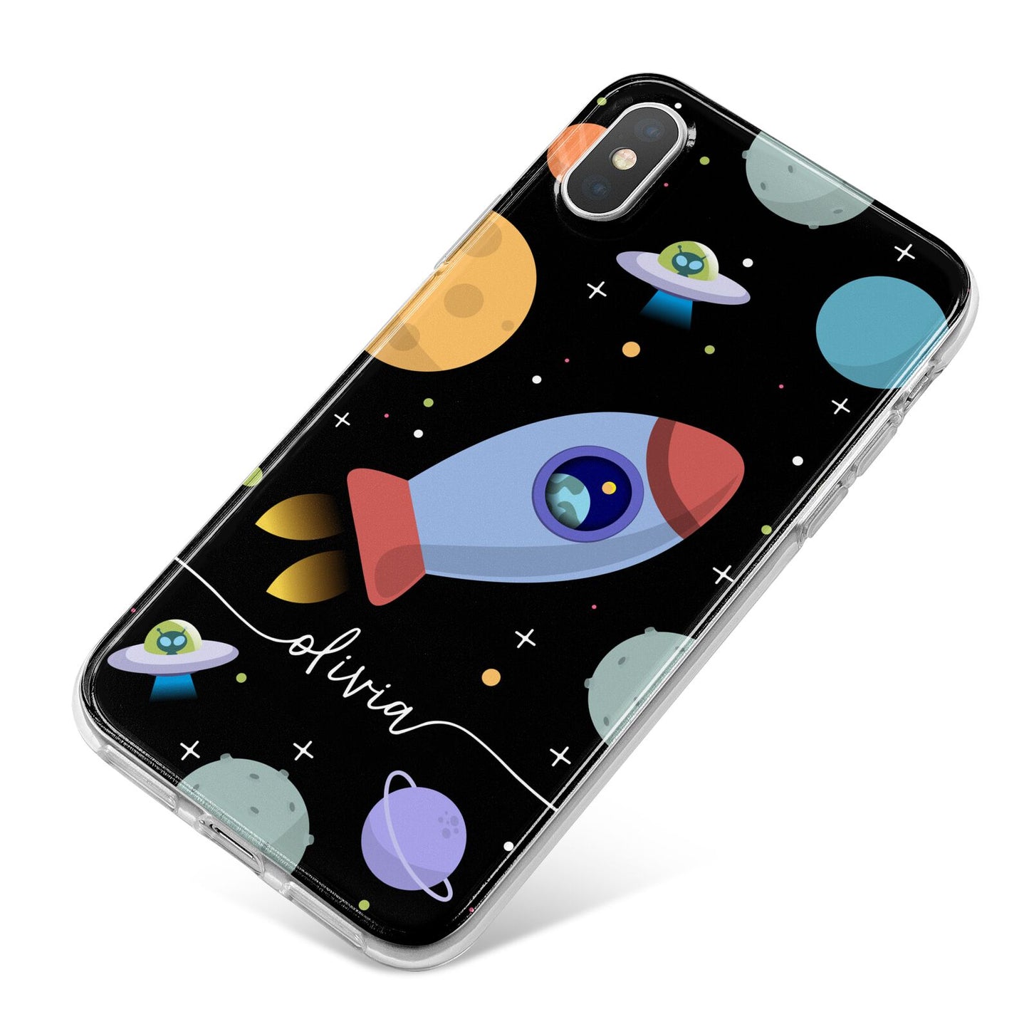 Fun Space Scene Artwork with Name iPhone X Bumper Case on Silver iPhone