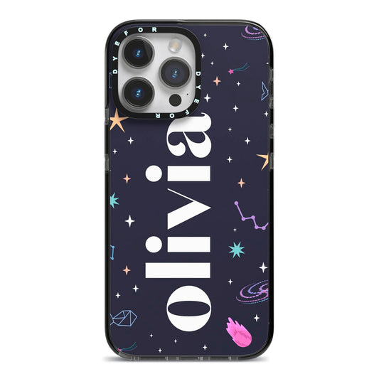 Funky Starry Night Personalised Name iPhone 14 Pro Max Black Impact Case on Silver phone