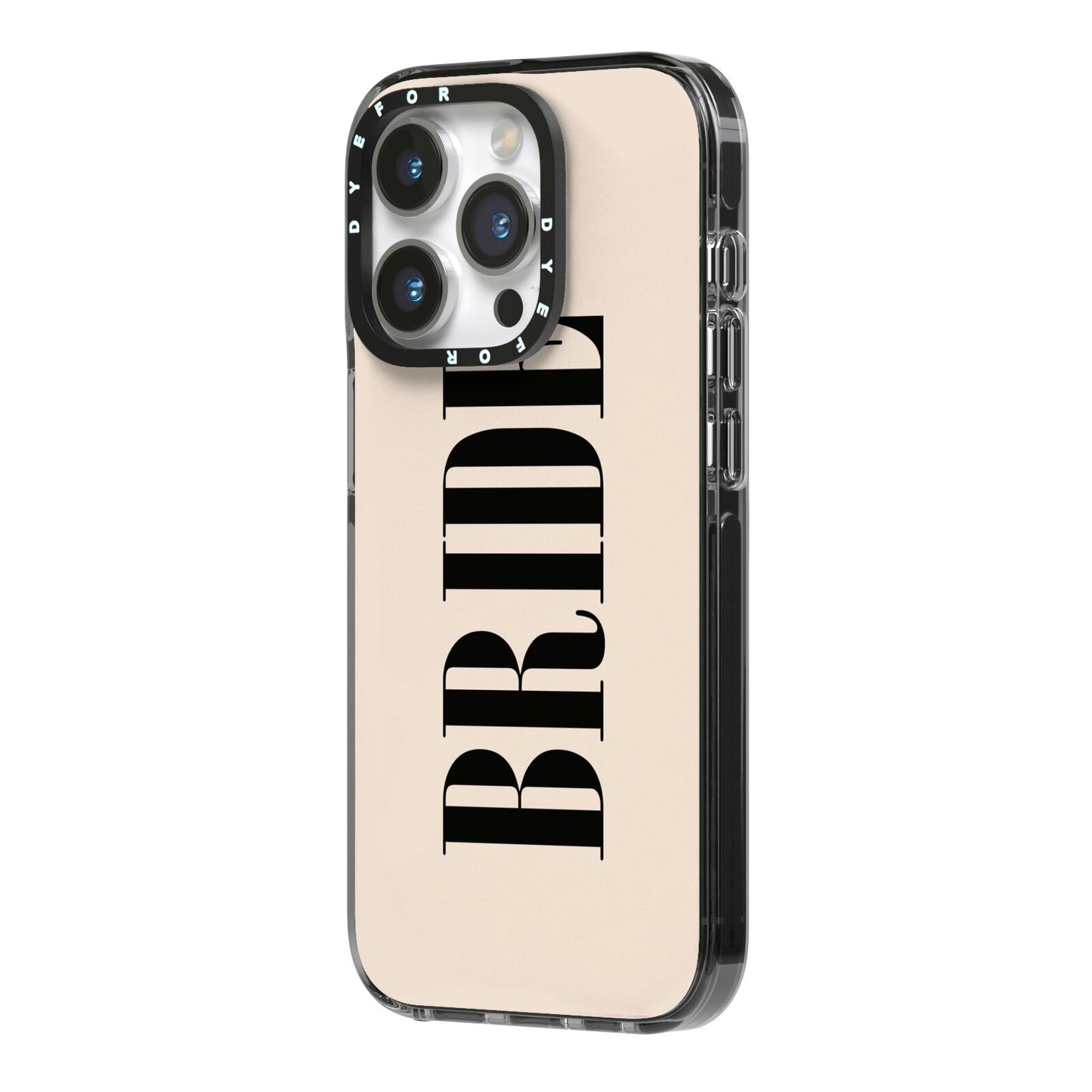 Future Bride iPhone 14 Pro Black Impact Case Side Angle on Silver phone