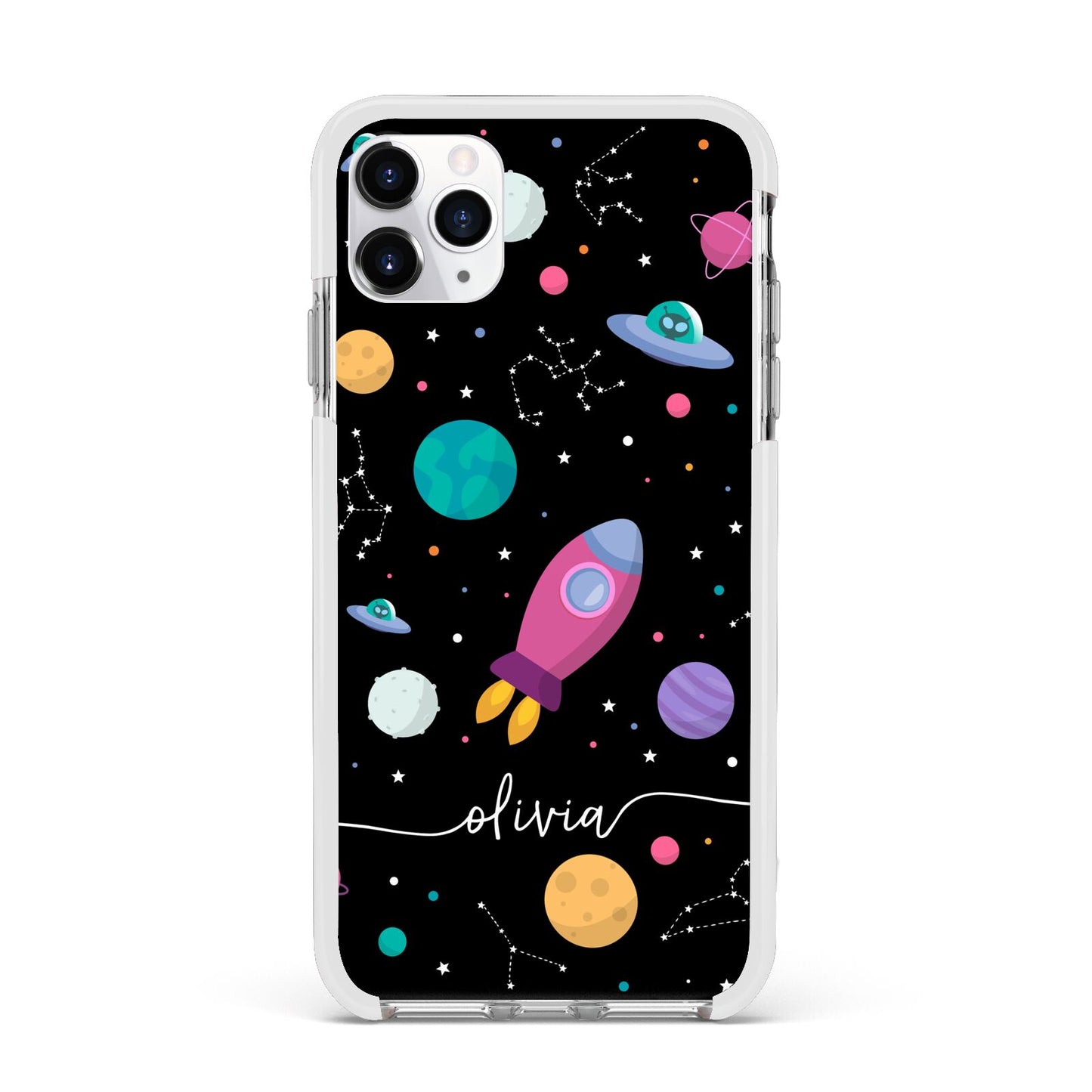 Galaxy Artwork with Name Apple iPhone 11 Pro Max in Silver with White Impact Case