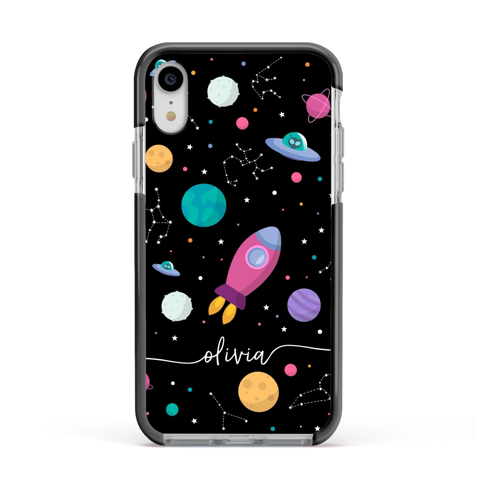 Galaxy Artwork with Name Apple iPhone XR Impact Case Black Edge on Silver Phone