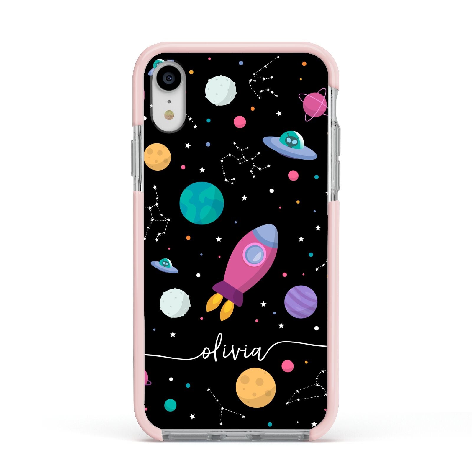 Galaxy Artwork with Name Apple iPhone XR Impact Case Pink Edge on Silver Phone