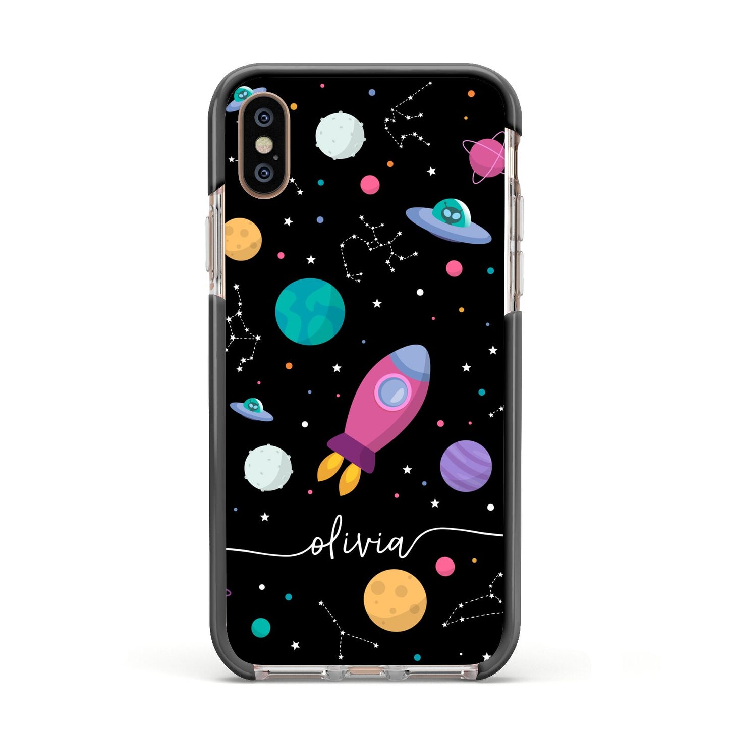 Galaxy Artwork with Name Apple iPhone Xs Impact Case Black Edge on Gold Phone