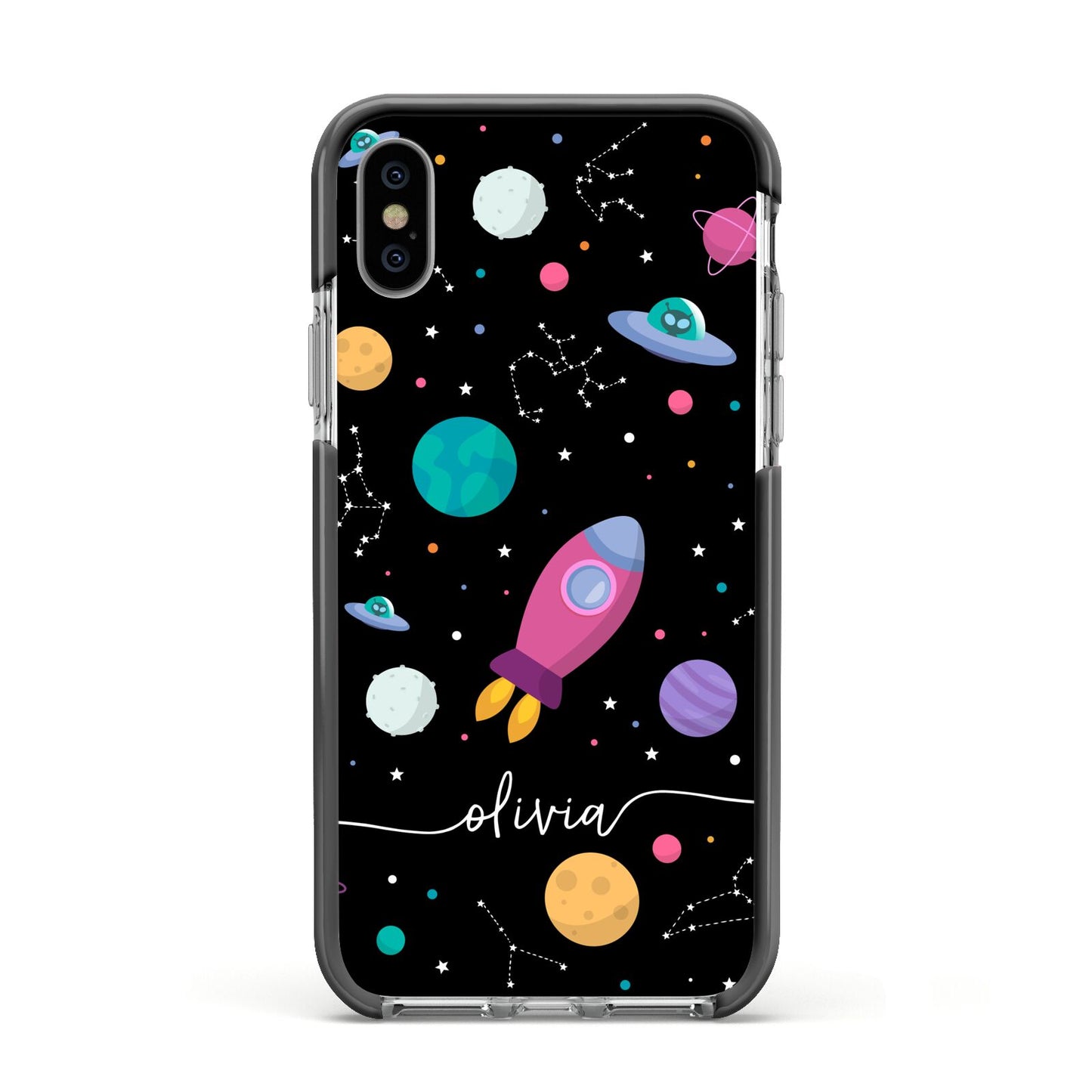 Galaxy Artwork with Name Apple iPhone Xs Impact Case Black Edge on Silver Phone