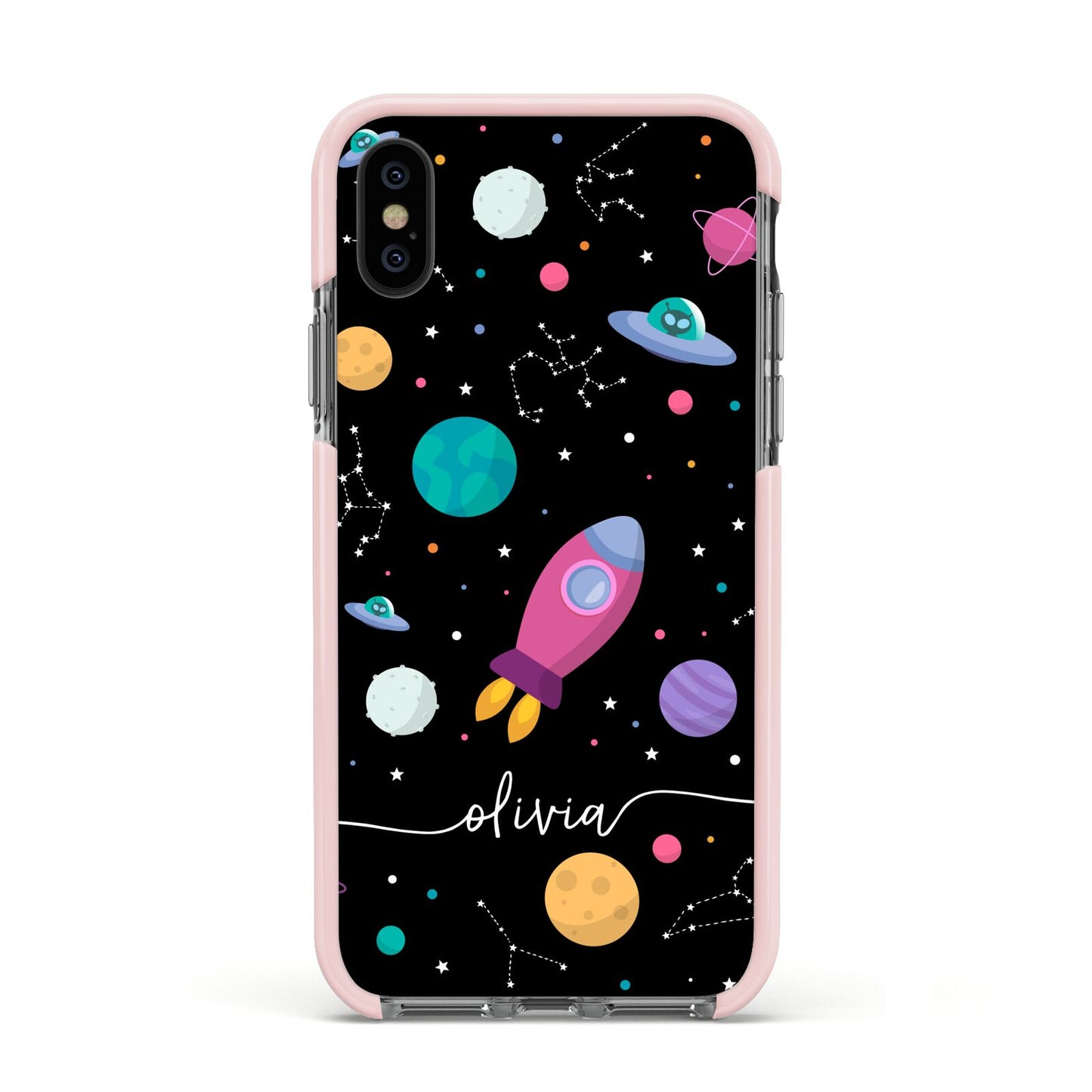 Galaxy Artwork with Name Apple iPhone Xs Impact Case Pink Edge on Black Phone