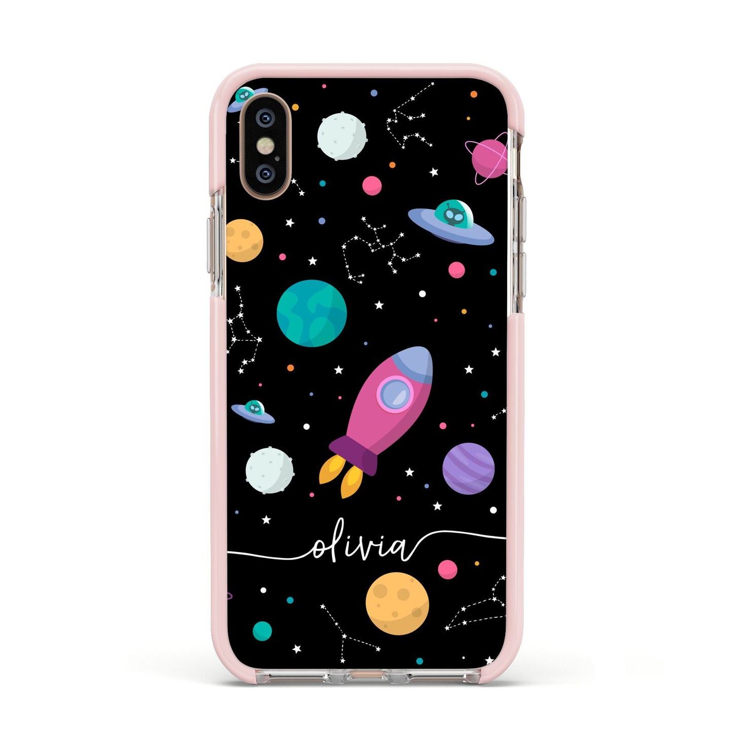 Galaxy Artwork with Name Apple iPhone Xs Impact Case Pink Edge on Gold Phone