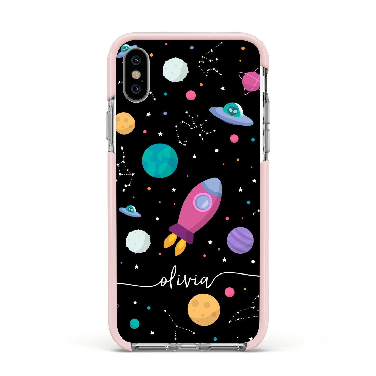 Galaxy Artwork with Name Apple iPhone Xs Impact Case Pink Edge on Silver Phone