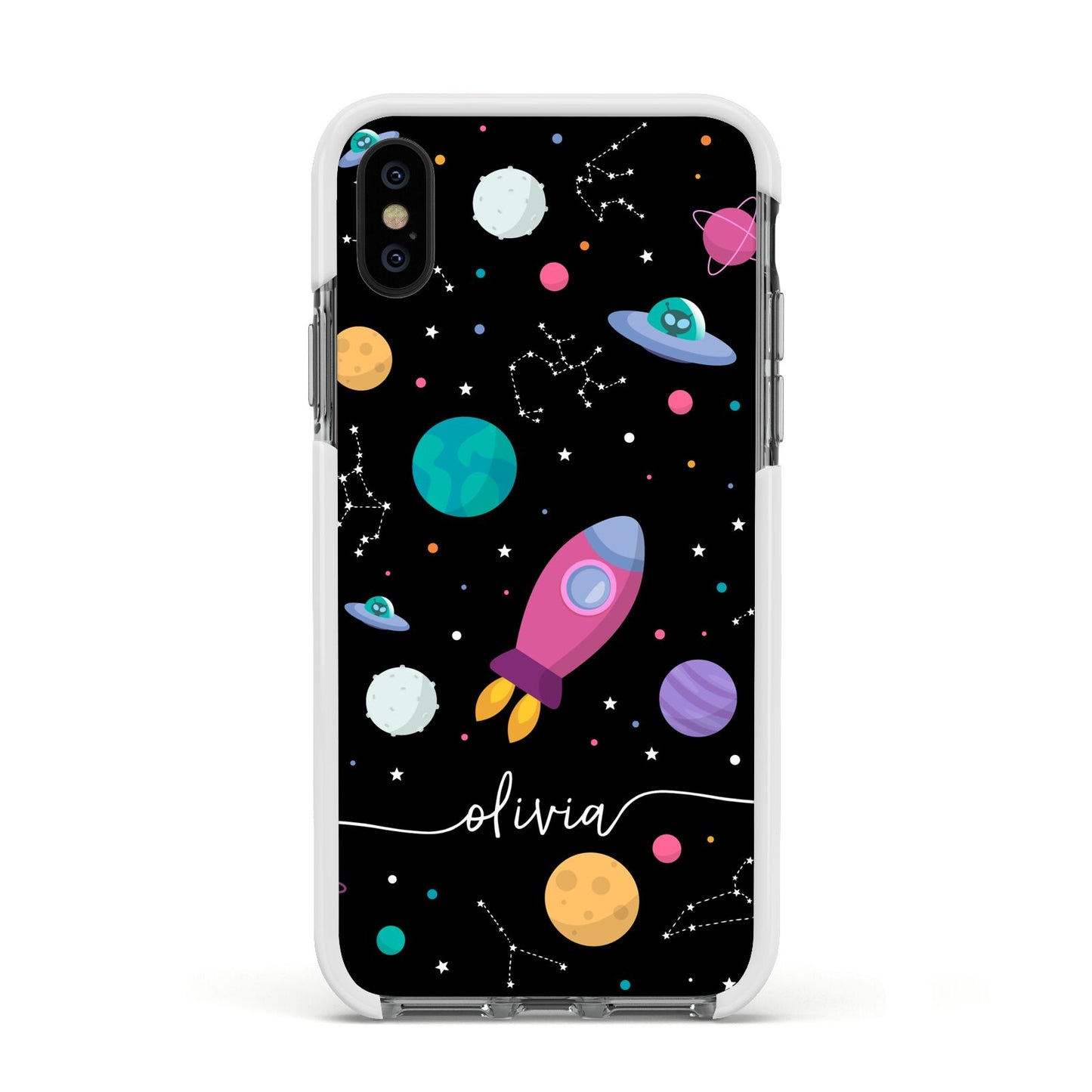 Galaxy Artwork with Name Apple iPhone Xs Impact Case White Edge on Black Phone