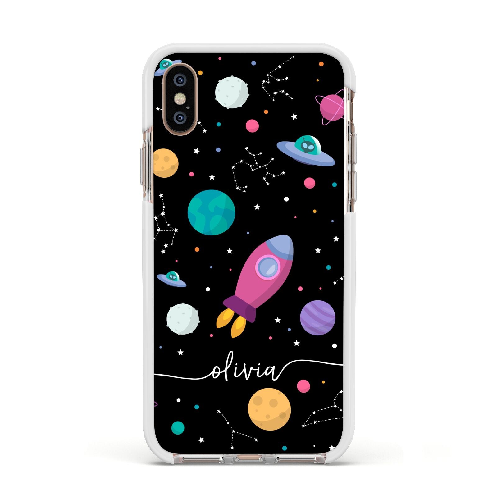 Galaxy Artwork with Name Apple iPhone Xs Impact Case White Edge on Gold Phone
