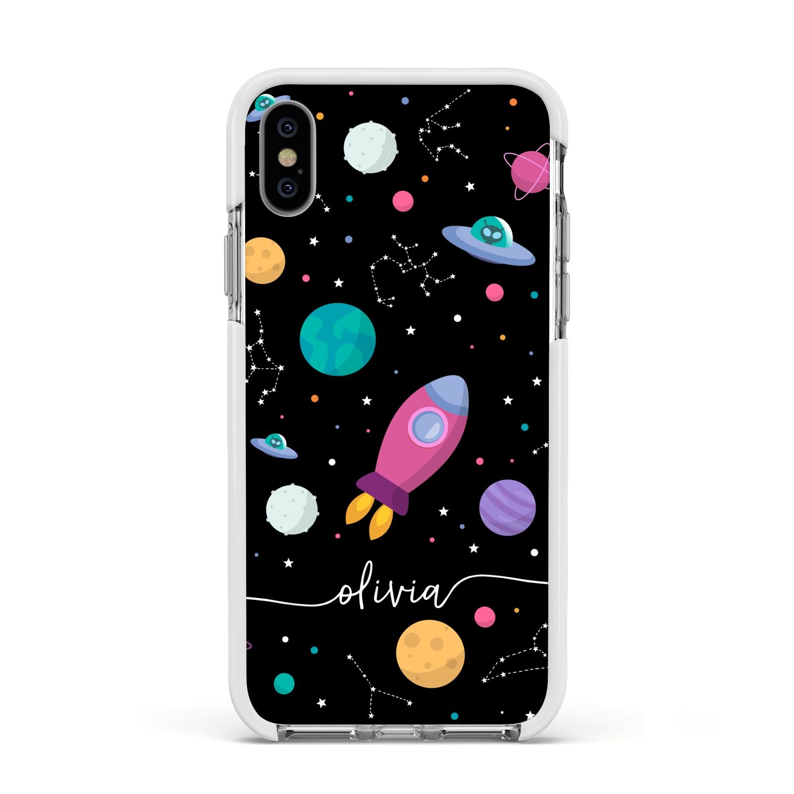 Galaxy Artwork with Name Apple iPhone Xs Impact Case White Edge on Silver Phone