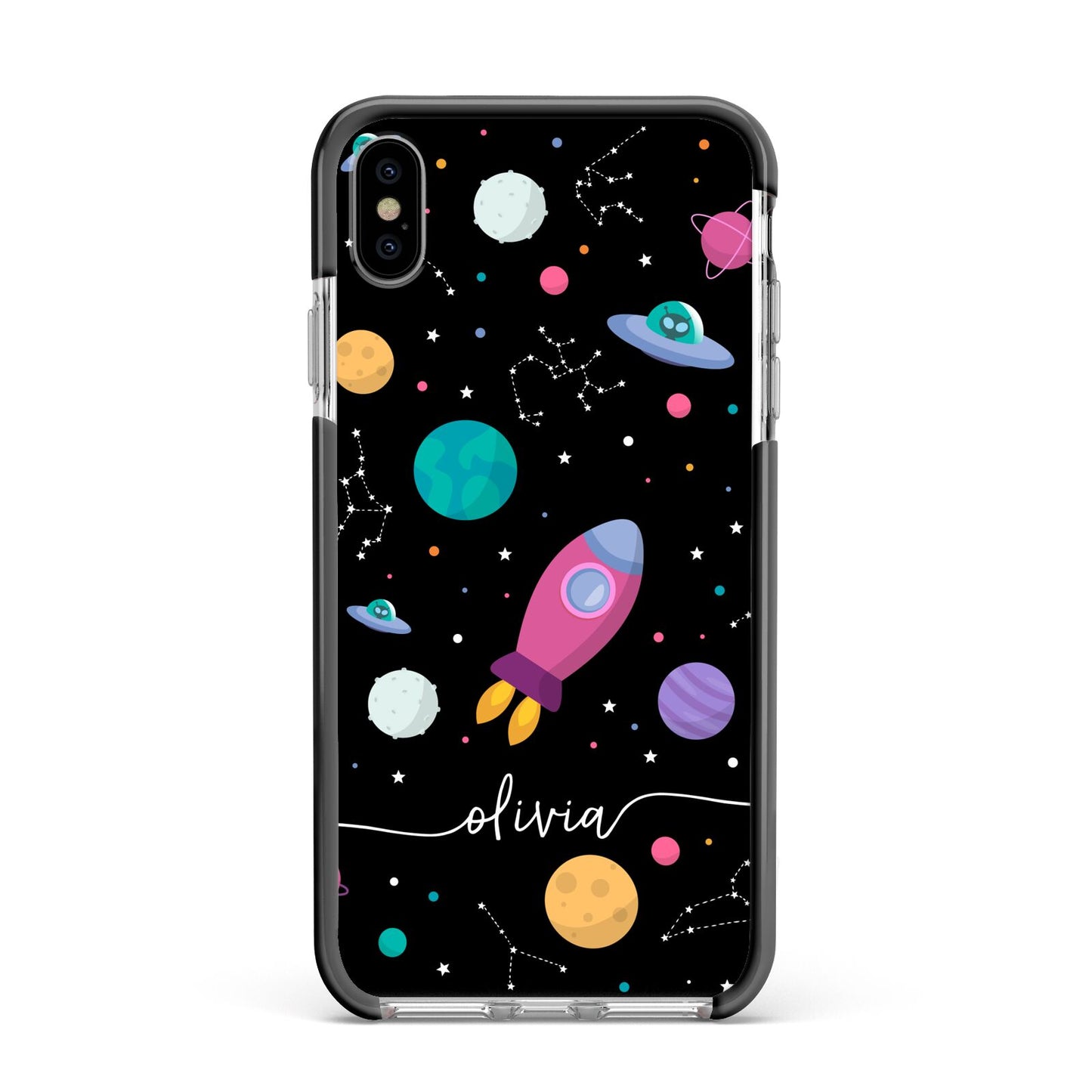 Galaxy Artwork with Name Apple iPhone Xs Max Impact Case Black Edge on Silver Phone