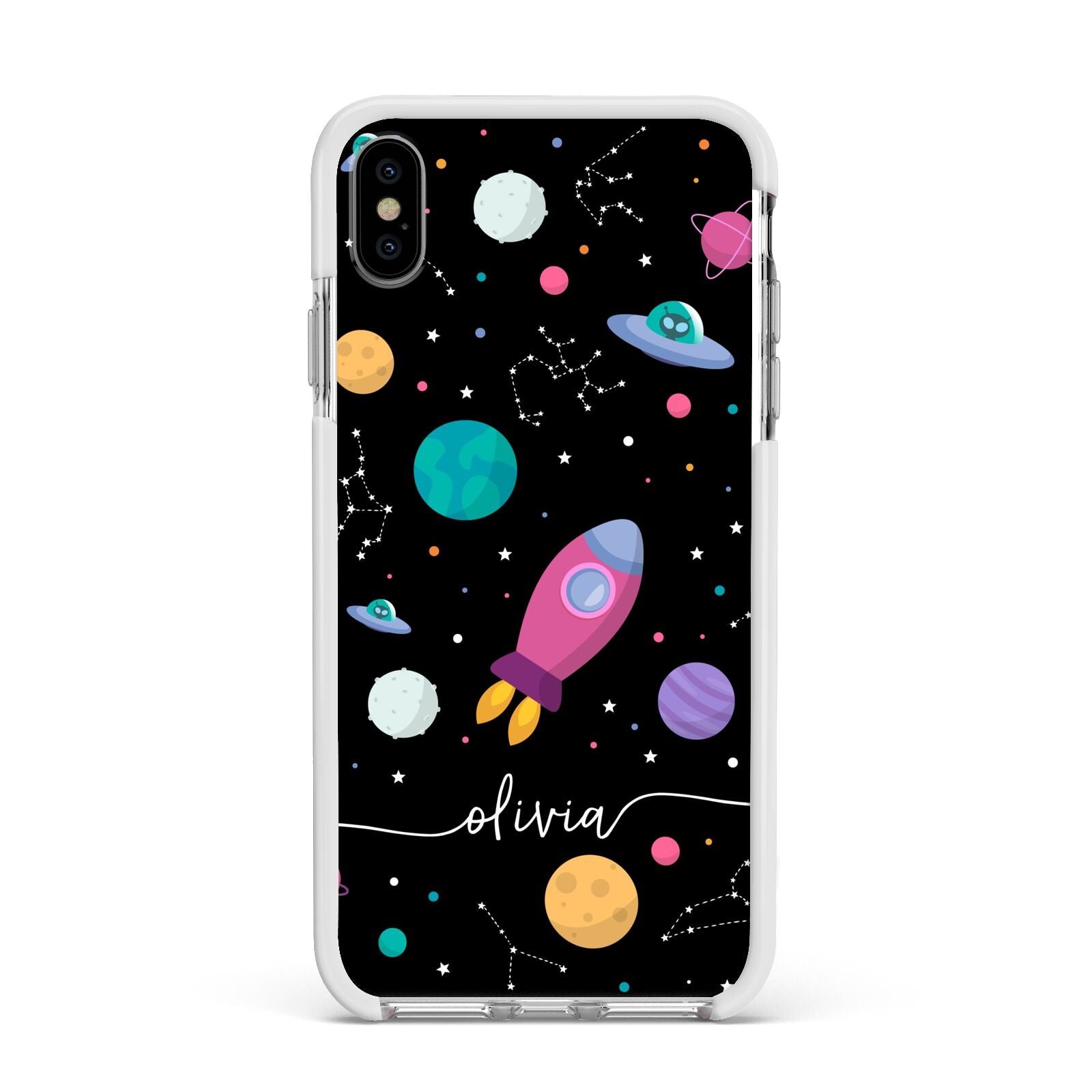 Galaxy Artwork with Name Apple iPhone Xs Max Impact Case White Edge on Silver Phone