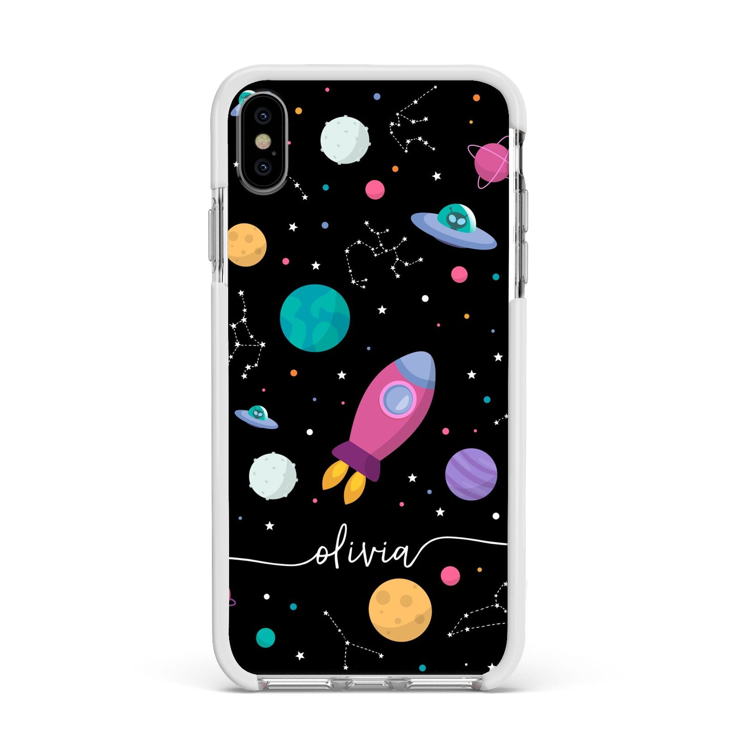 Galaxy Artwork with Name Apple iPhone Xs Max Impact Case White Edge on Silver Phone