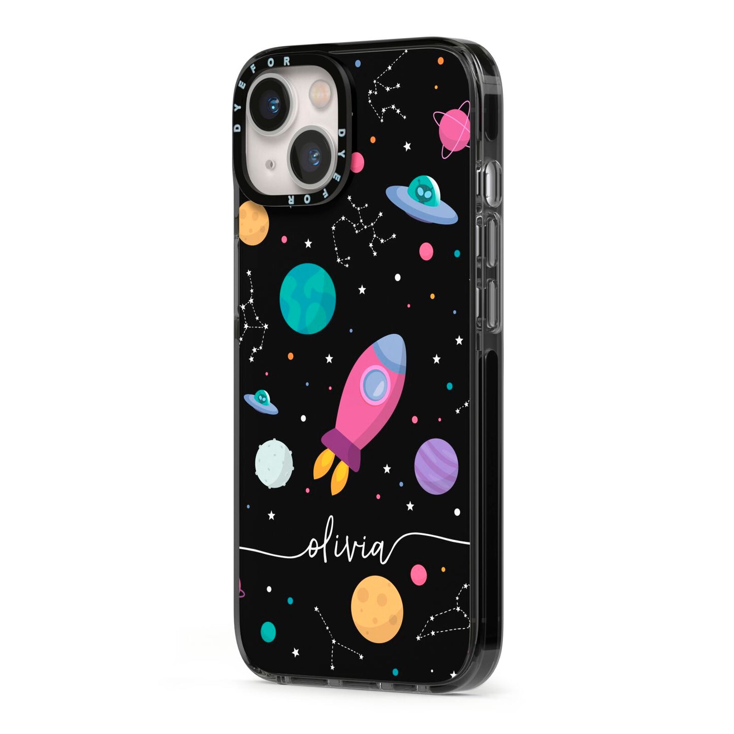 Galaxy Artwork with Name iPhone 13 Black Impact Case Side Angle on Silver phone