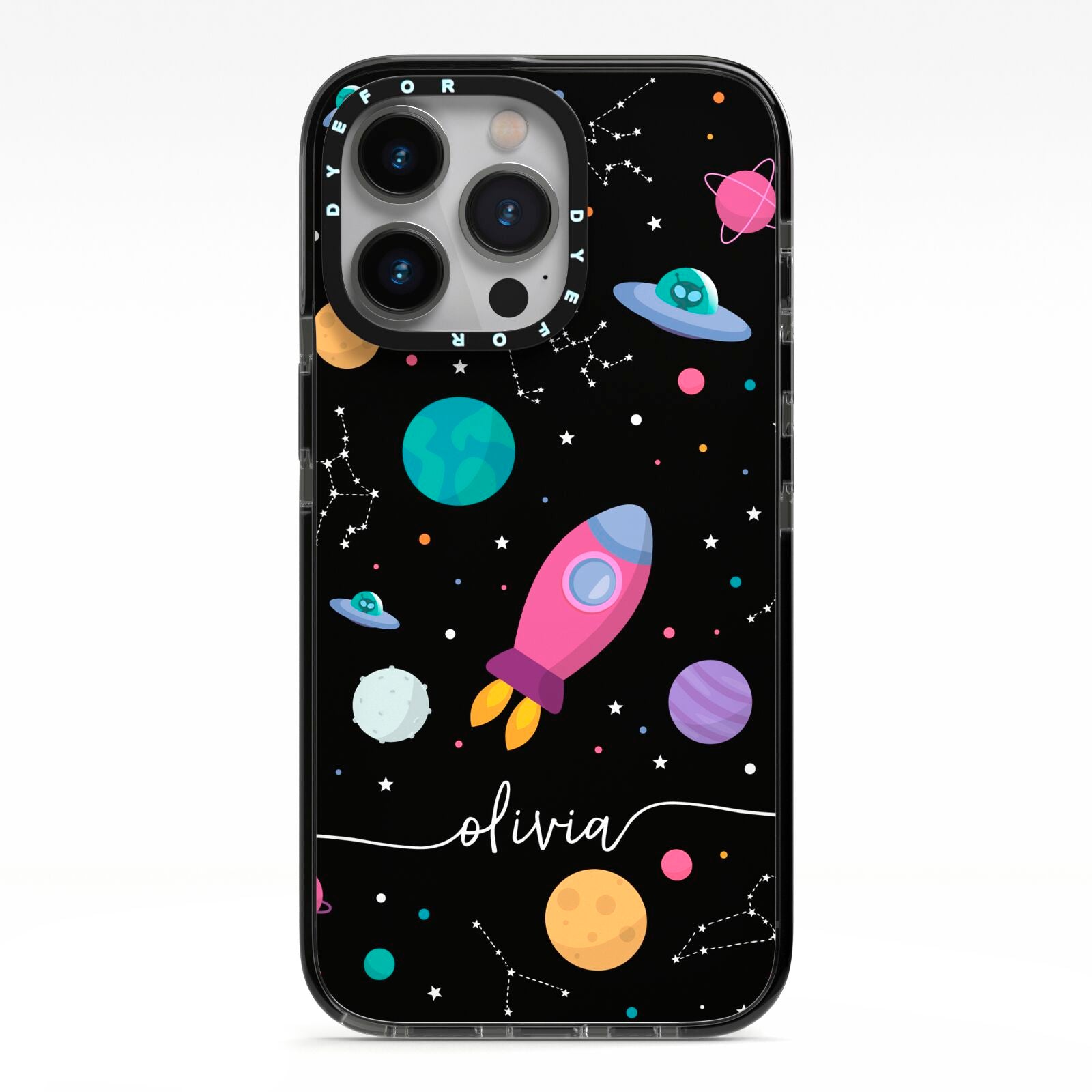 Galaxy Artwork with Name iPhone 13 Pro Black Impact Case on Silver phone