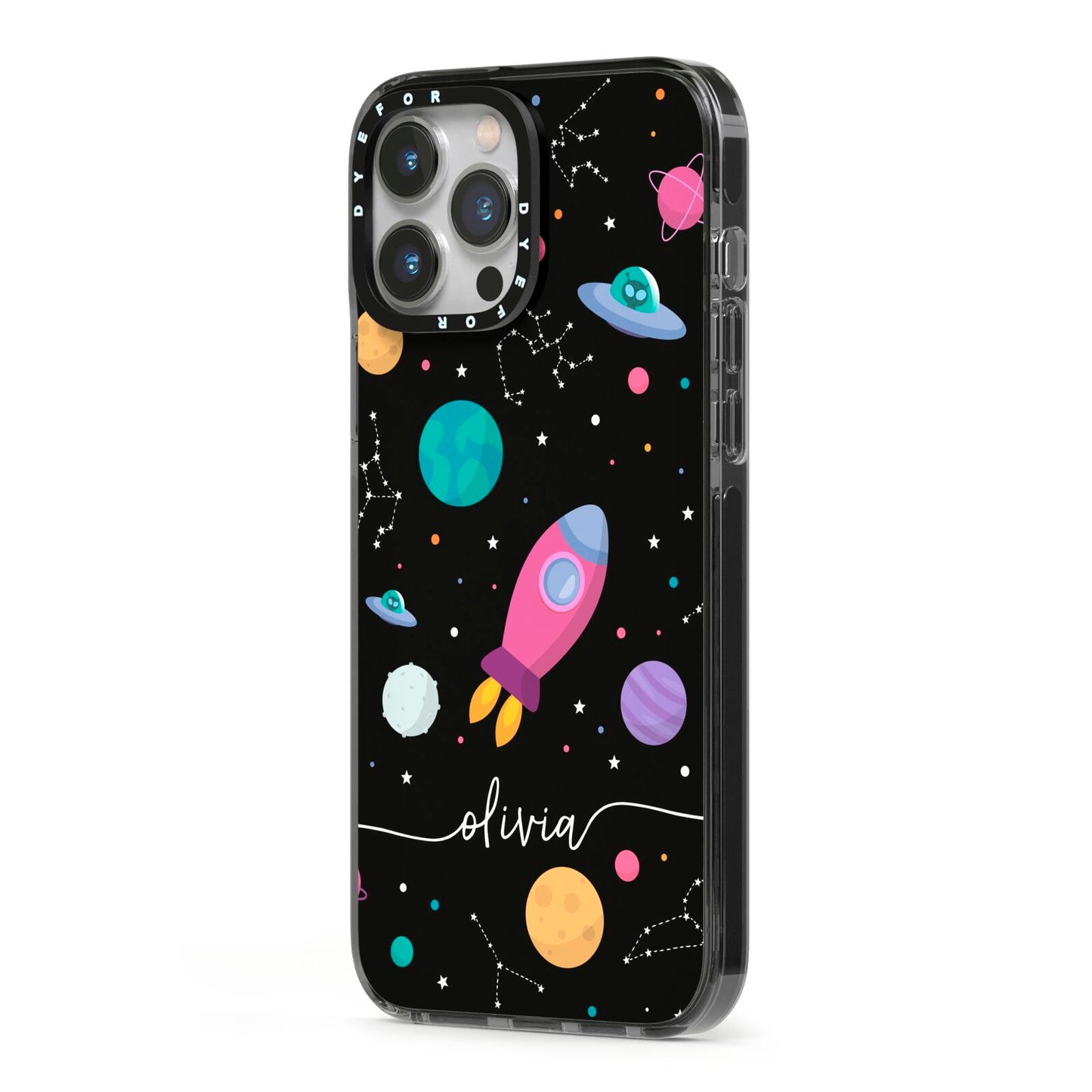 Galaxy Artwork with Name iPhone 13 Pro Max Black Impact Case Side Angle on Silver phone