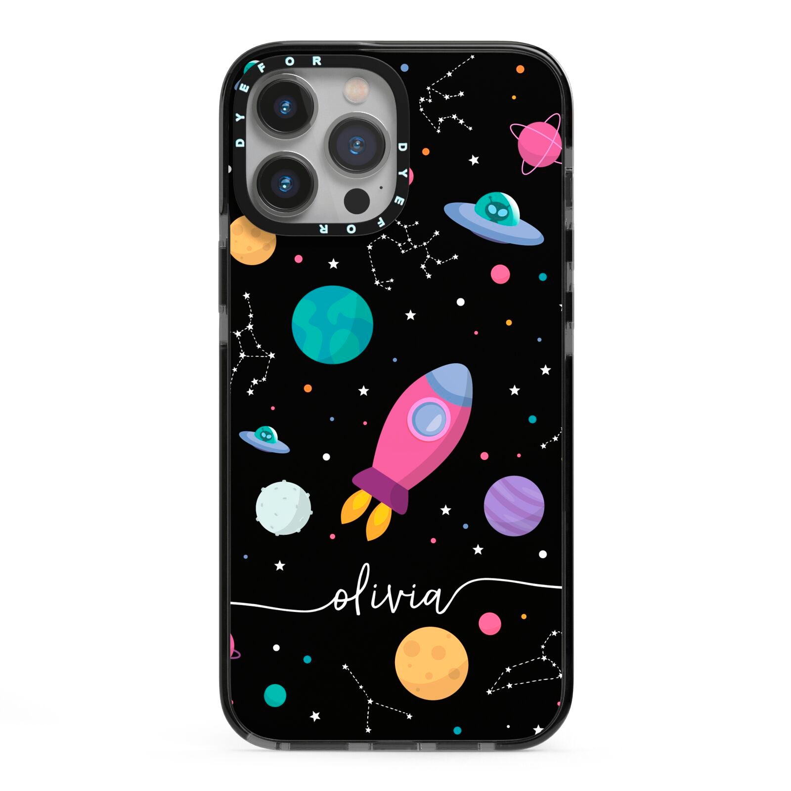 Galaxy Artwork with Name iPhone 13 Pro Max Black Impact Case on Silver phone