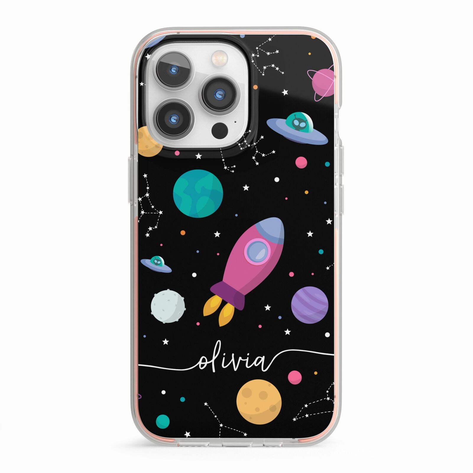 Galaxy Artwork with Name iPhone 13 Pro TPU Impact Case with Pink Edges