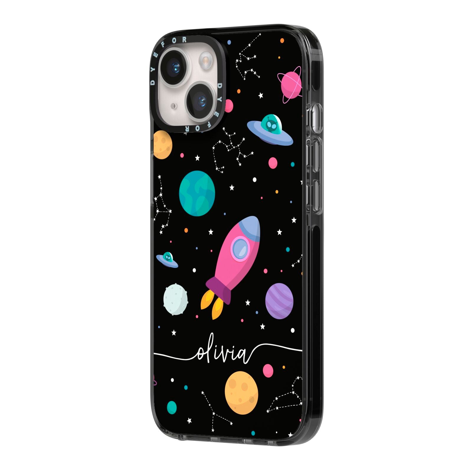 Galaxy Artwork with Name iPhone 14 Black Impact Case Side Angle on Silver phone