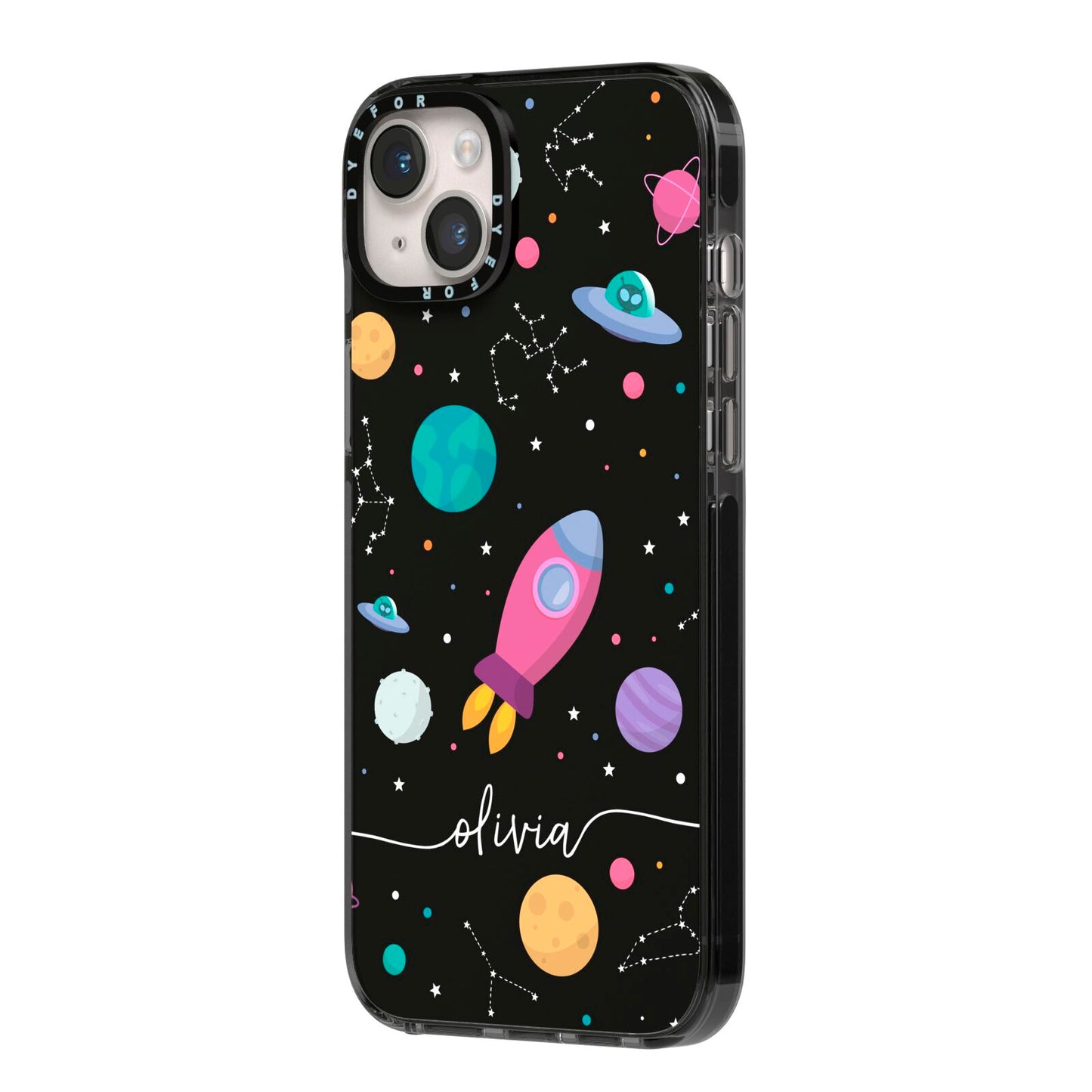 Galaxy Artwork with Name iPhone 14 Plus Black Impact Case Side Angle on Silver phone