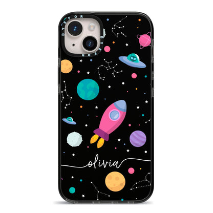 Galaxy Artwork with Name iPhone 14 Plus Black Impact Case on Silver phone