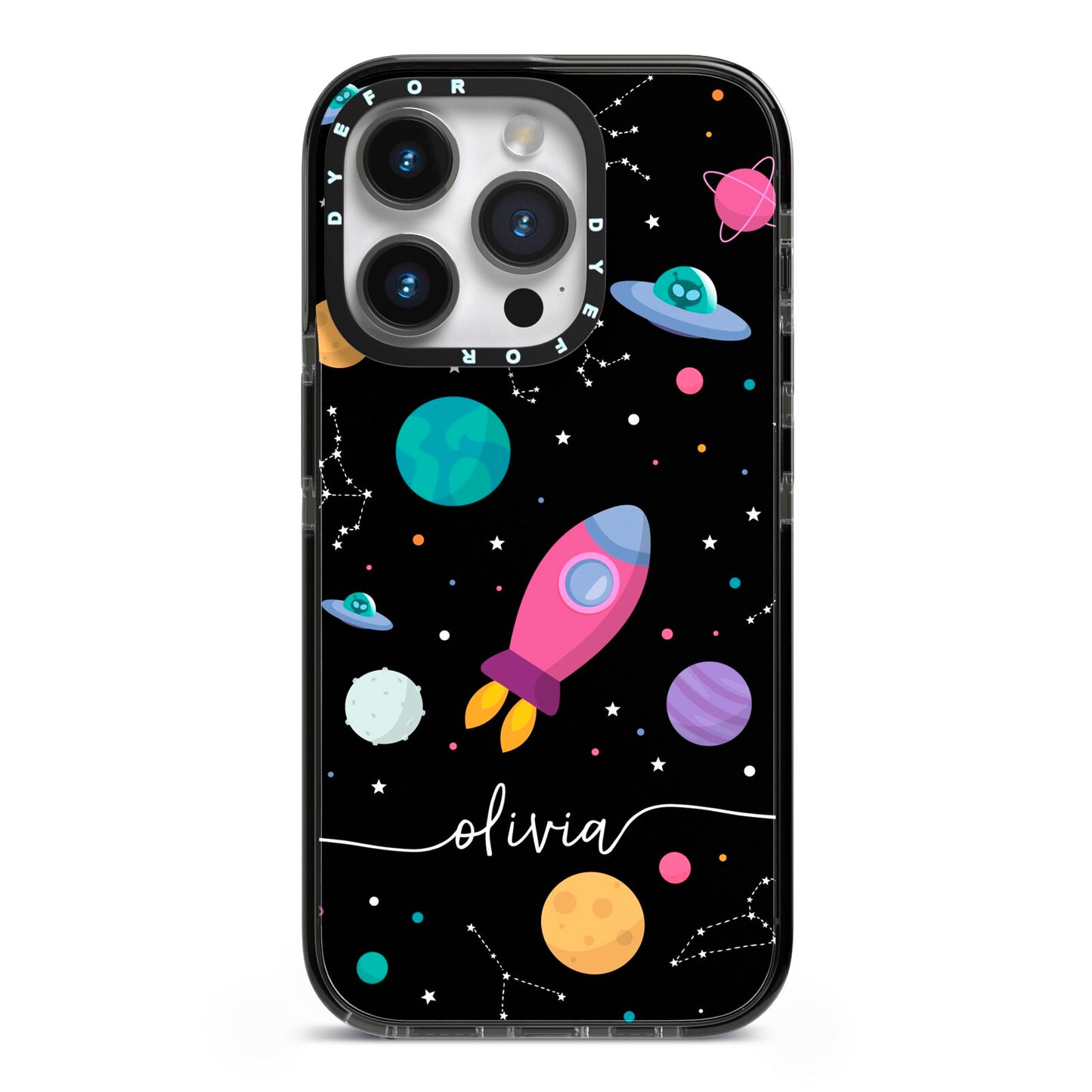 Galaxy Artwork with Name iPhone 14 Pro Black Impact Case on Silver phone