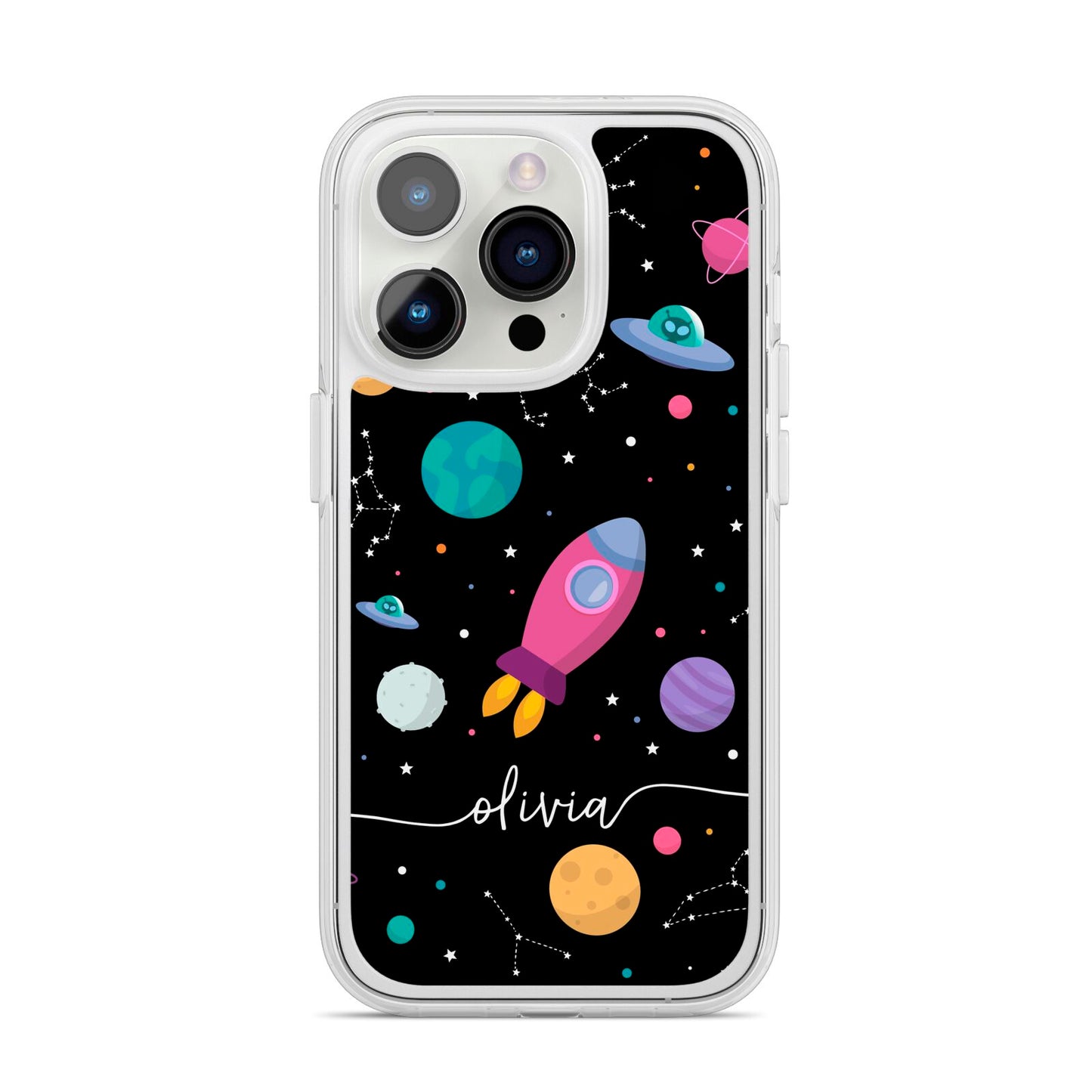 Galaxy Artwork with Name iPhone 14 Pro Clear Tough Case Silver