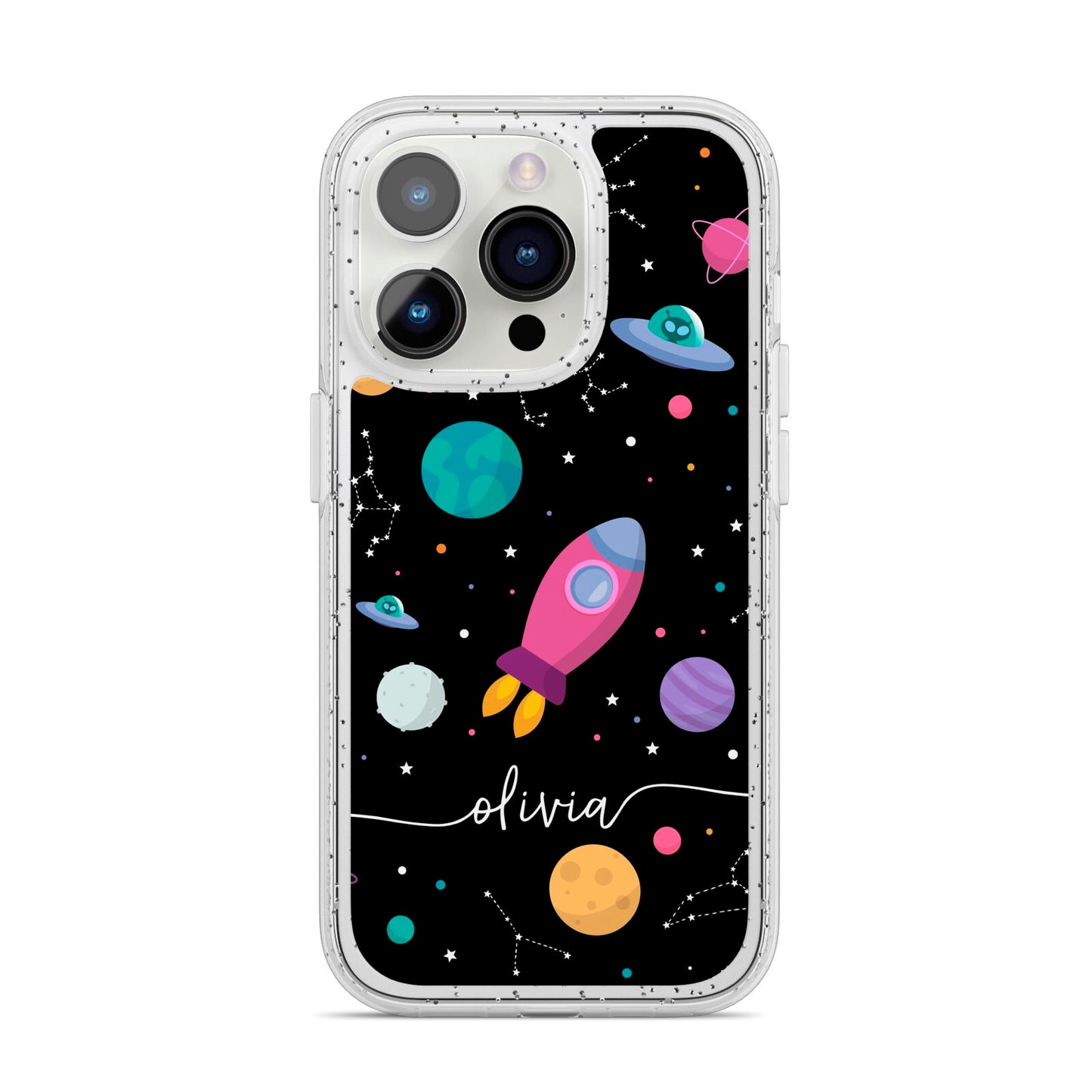 Galaxy Artwork with Name iPhone 14 Pro Glitter Tough Case Silver