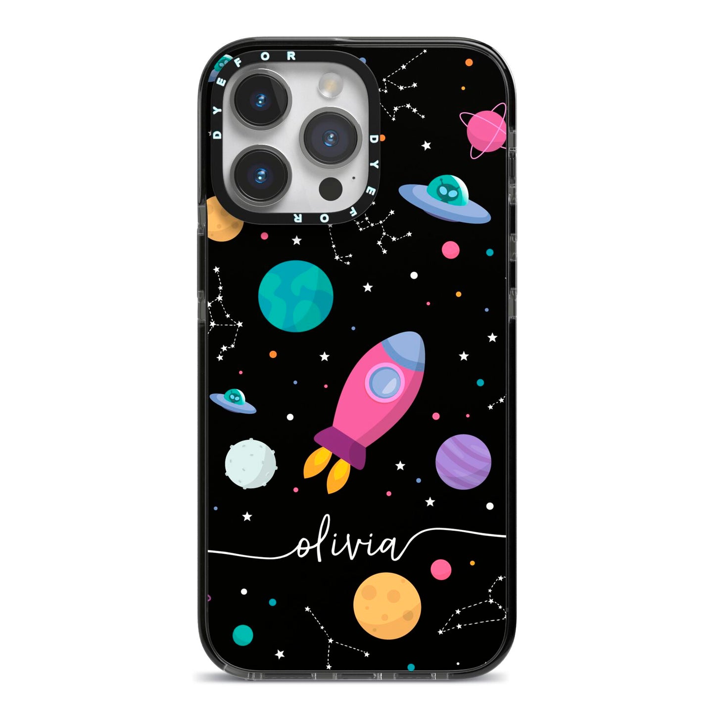 Galaxy Artwork with Name iPhone 14 Pro Max Black Impact Case on Silver phone