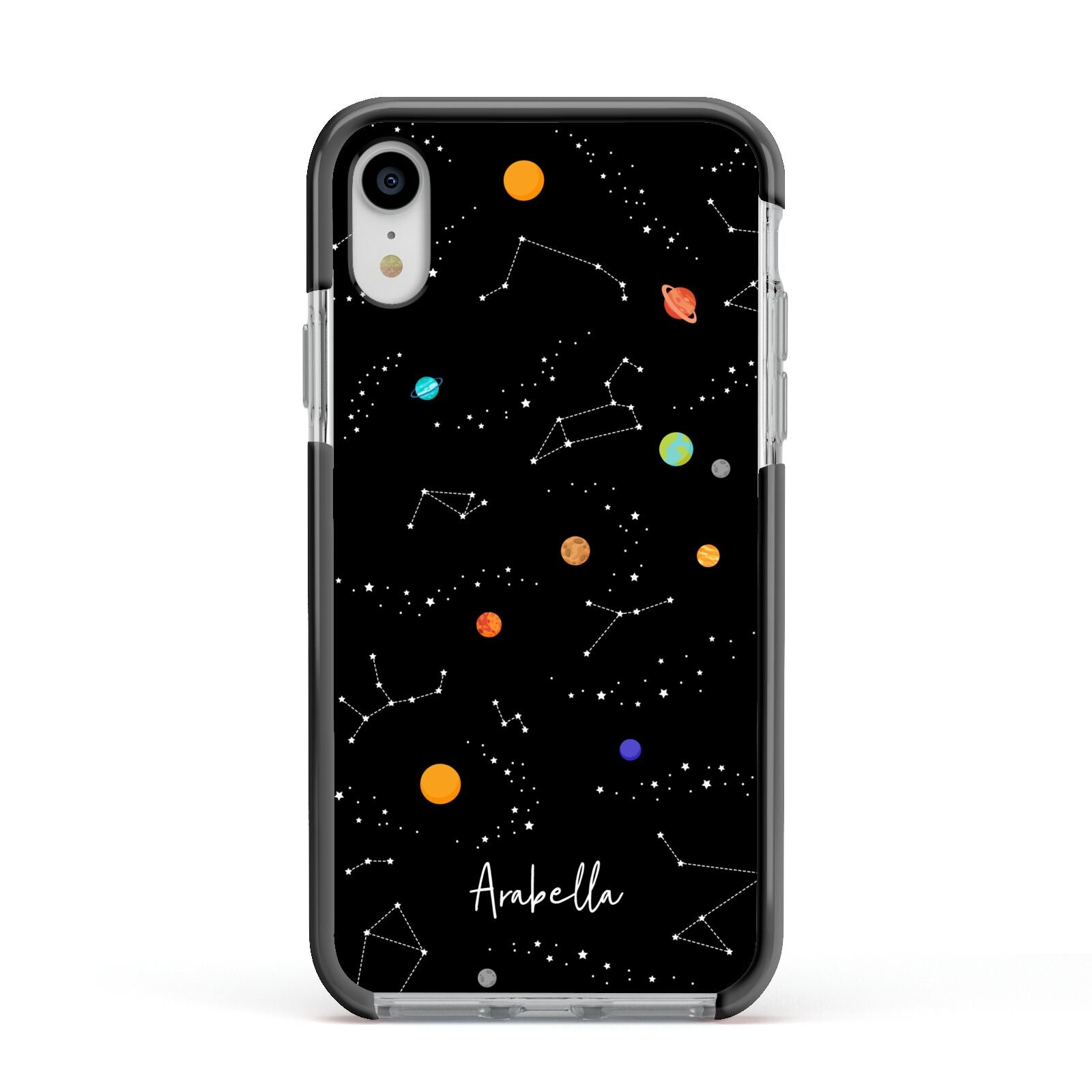 Galaxy Scene with Name Apple iPhone XR Impact Case Black Edge on Silver Phone
