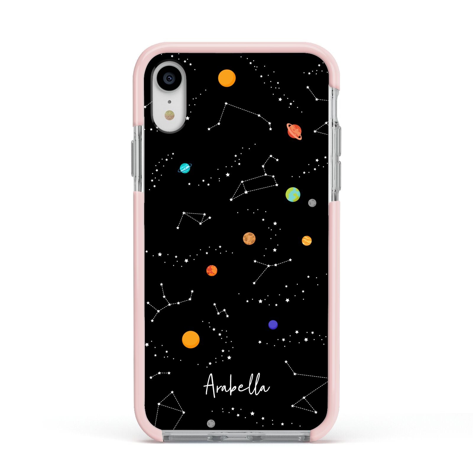 Galaxy Scene with Name Apple iPhone XR Impact Case Pink Edge on Silver Phone