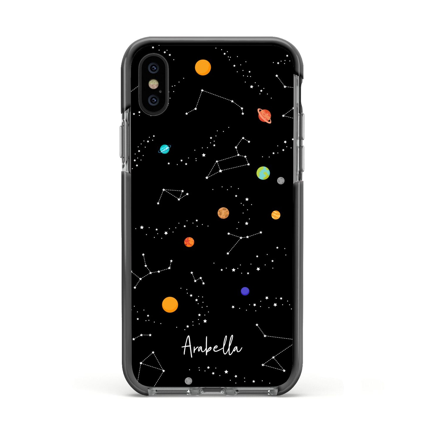 Galaxy Scene with Name Apple iPhone Xs Impact Case Black Edge on Black Phone