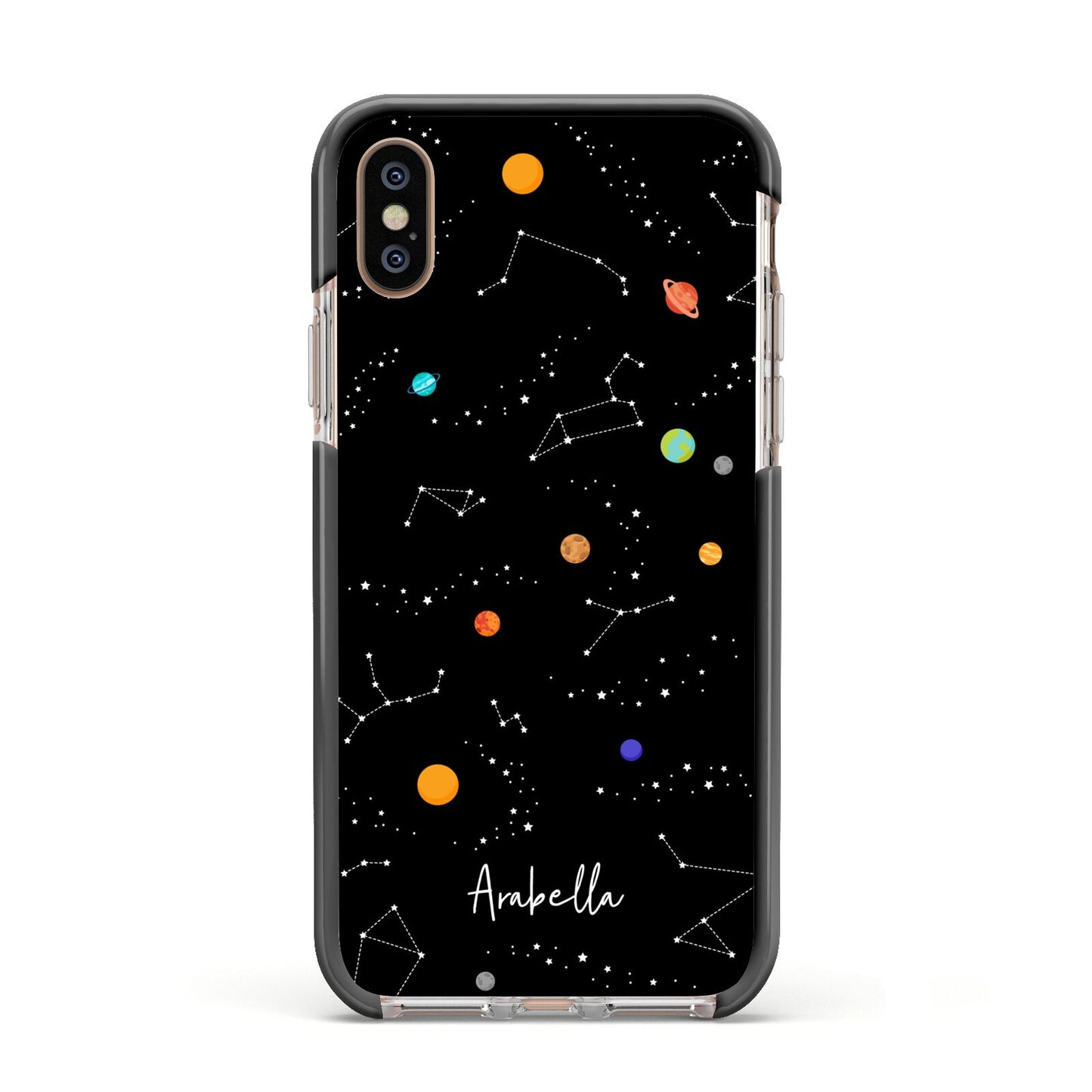 Galaxy Scene with Name Apple iPhone Xs Impact Case Black Edge on Gold Phone