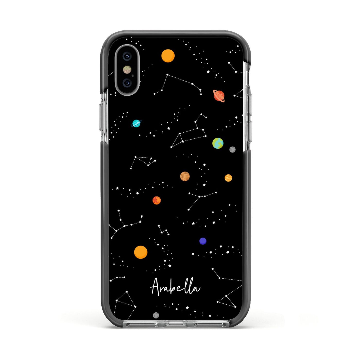 Galaxy Scene with Name Apple iPhone Xs Impact Case Black Edge on Silver Phone