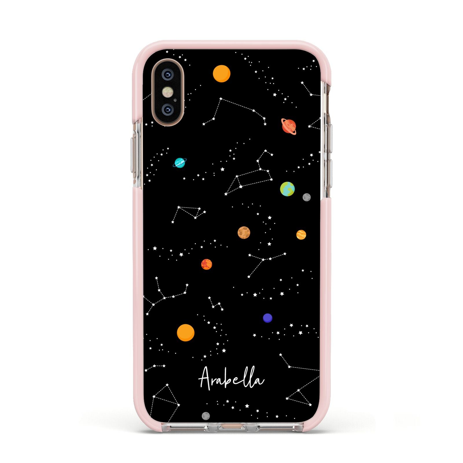 Galaxy Scene with Name Apple iPhone Xs Impact Case Pink Edge on Gold Phone